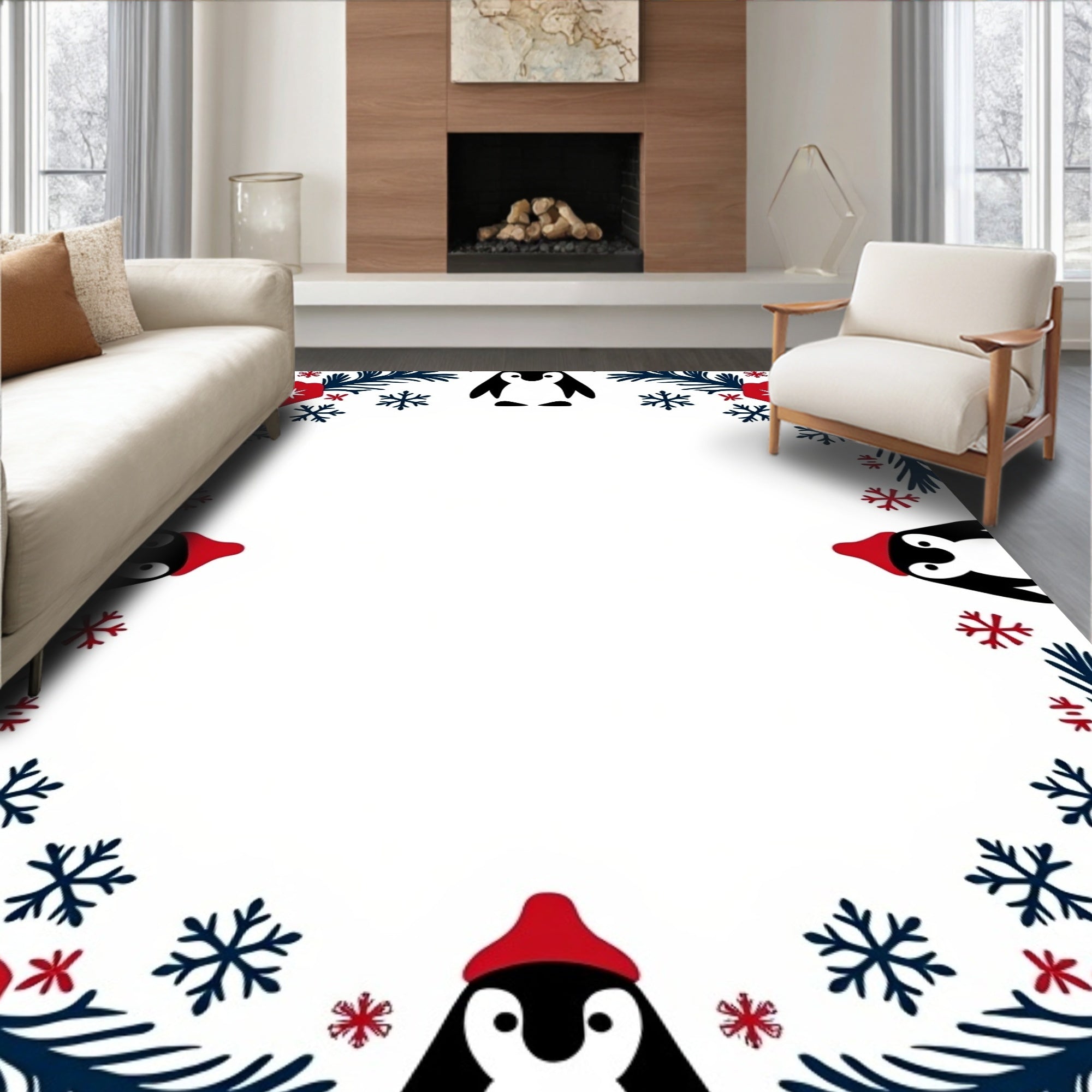Winter Penguin Snowflake Garland Rug