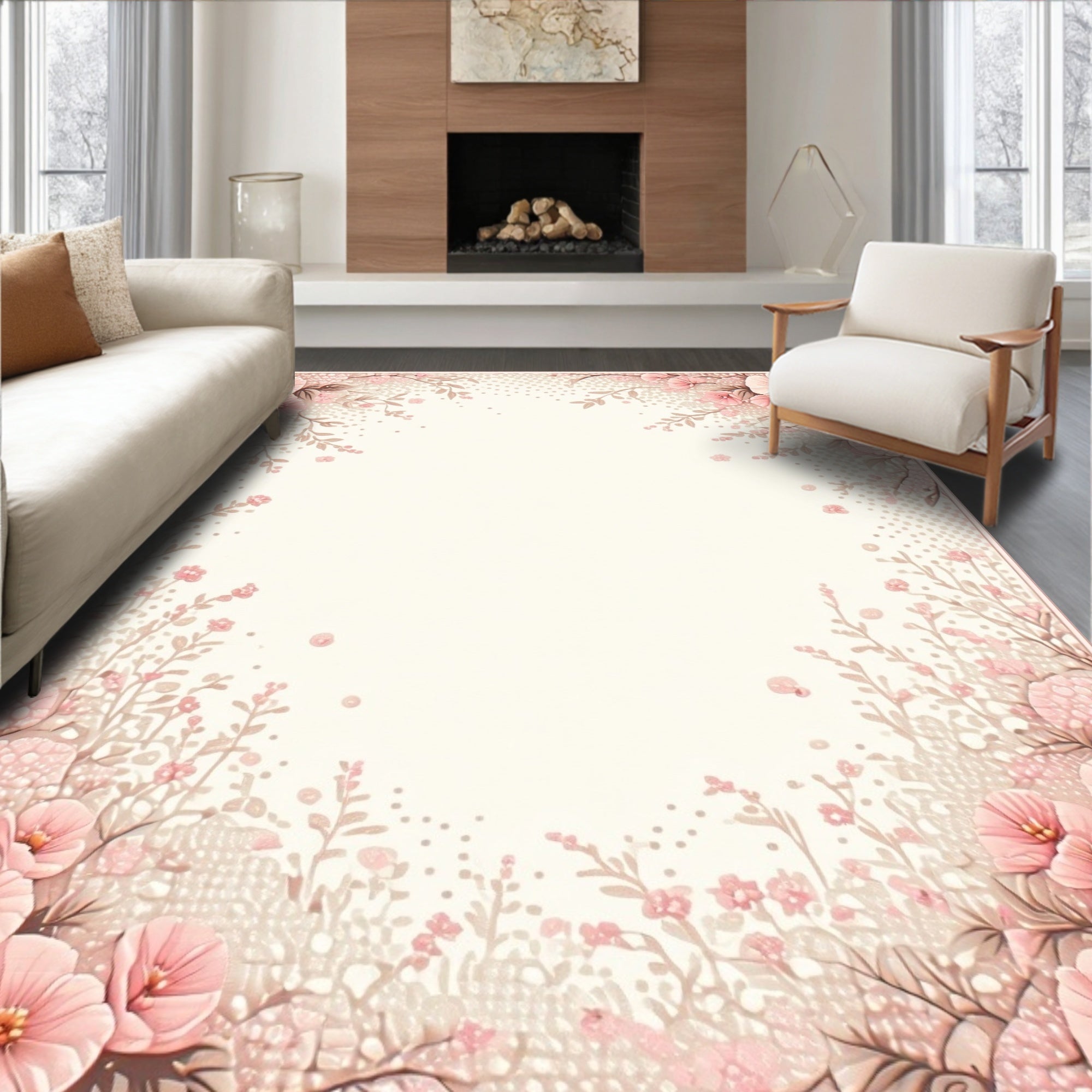 Soft Pink Floral Vine Pattern Rug