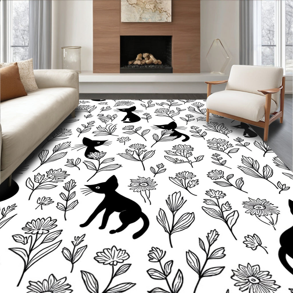 Playful Black Cats Floral Bloom Pattern Rug