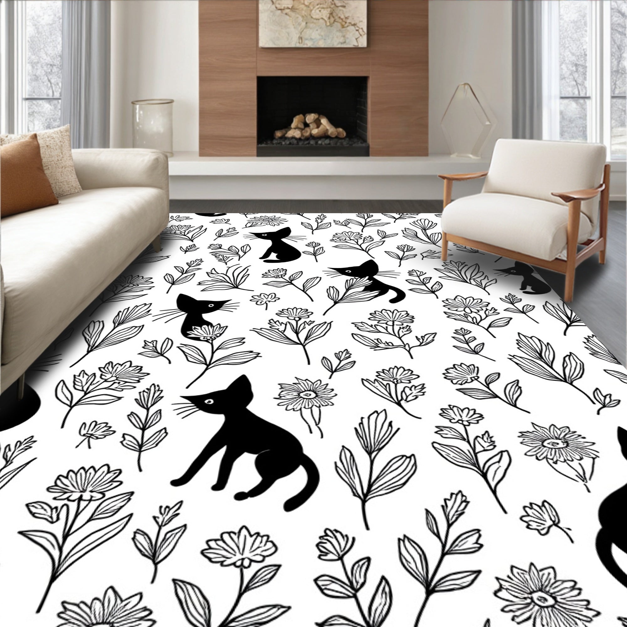 Playful Black Cats Floral Bloom Pattern Rug