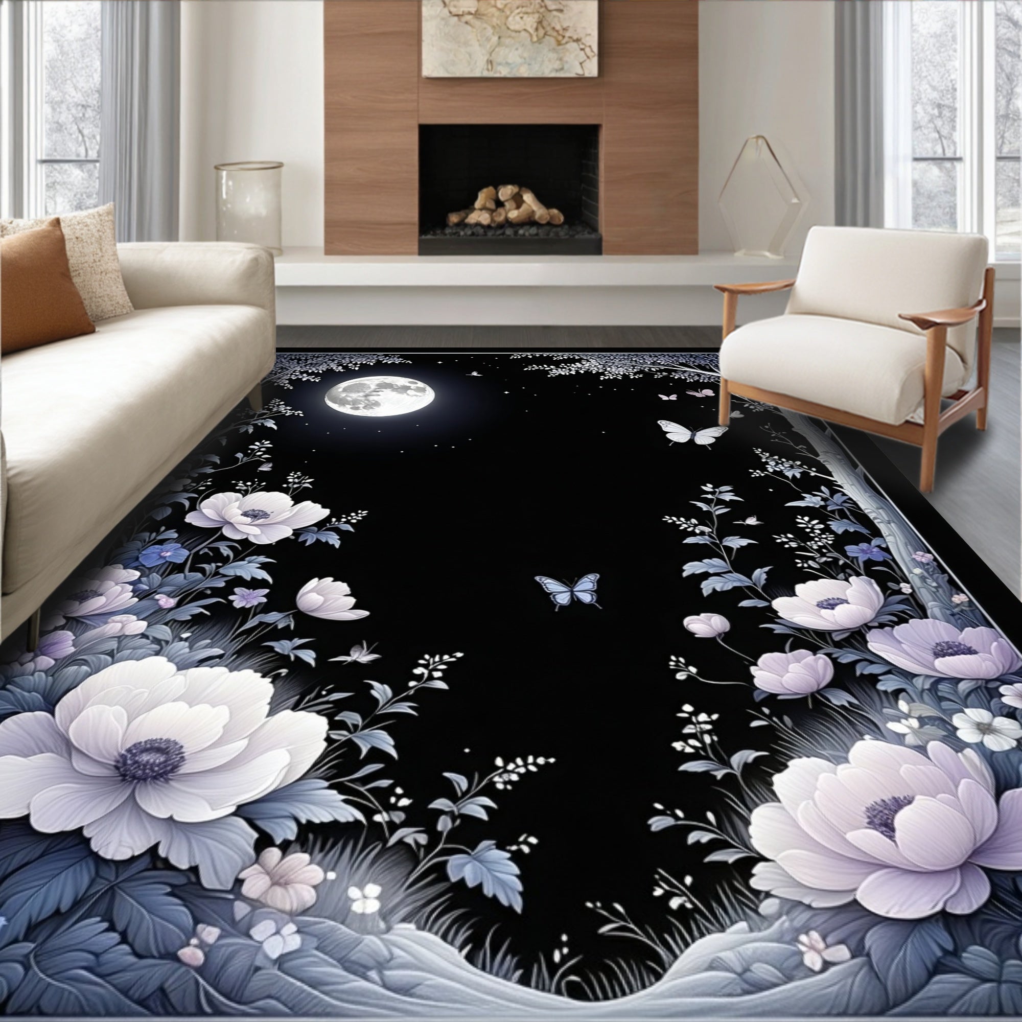 Moonlit Floral Butterfly Garden Rug