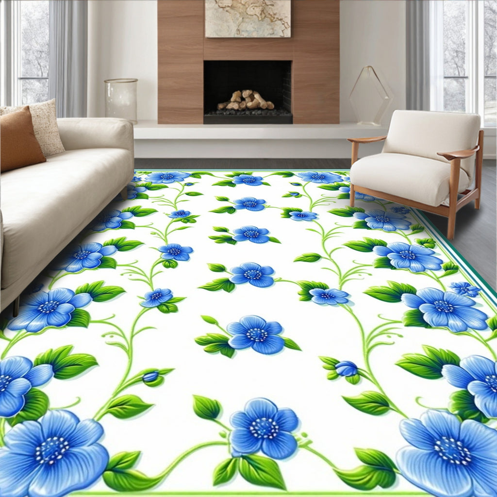 Vibrant Blue Floral Vine Design Rug