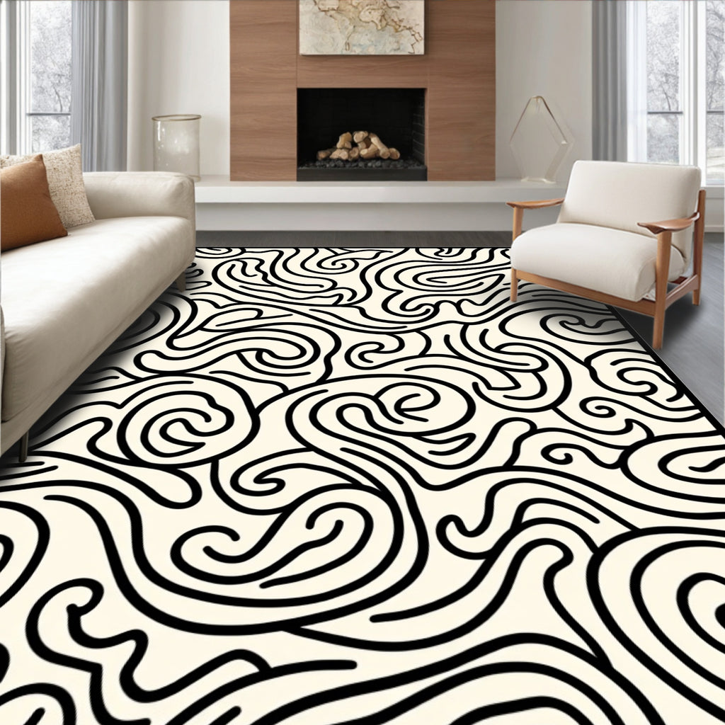 Abstract Swirling Black Line Pattern Rug