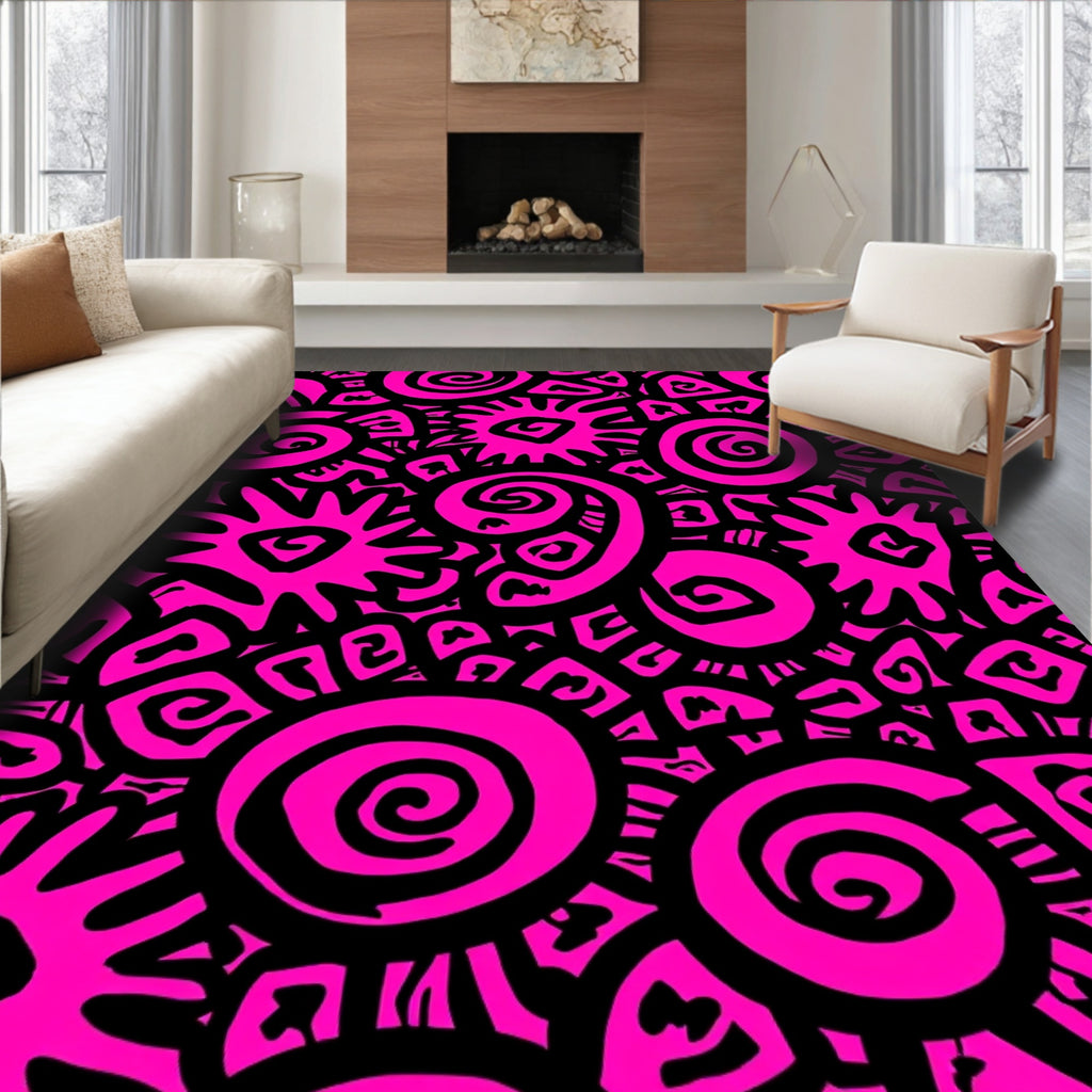 Hot Pink And Black Tribal Sun Design Rug