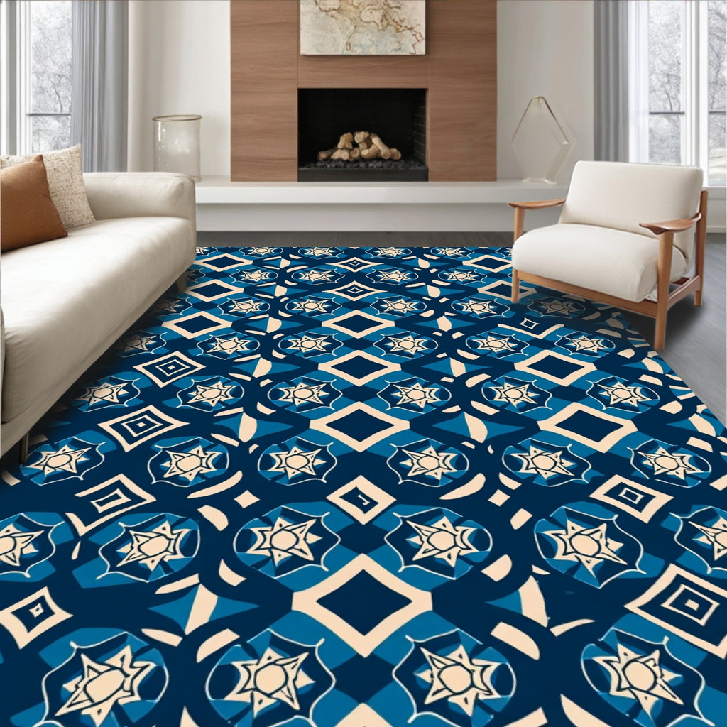Navy Cream Starburst Geometric Pattern Rug