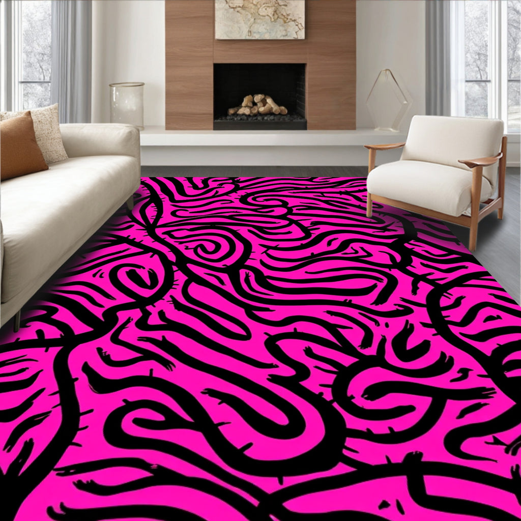 Bold Pink Black Wavy Pattern Rug