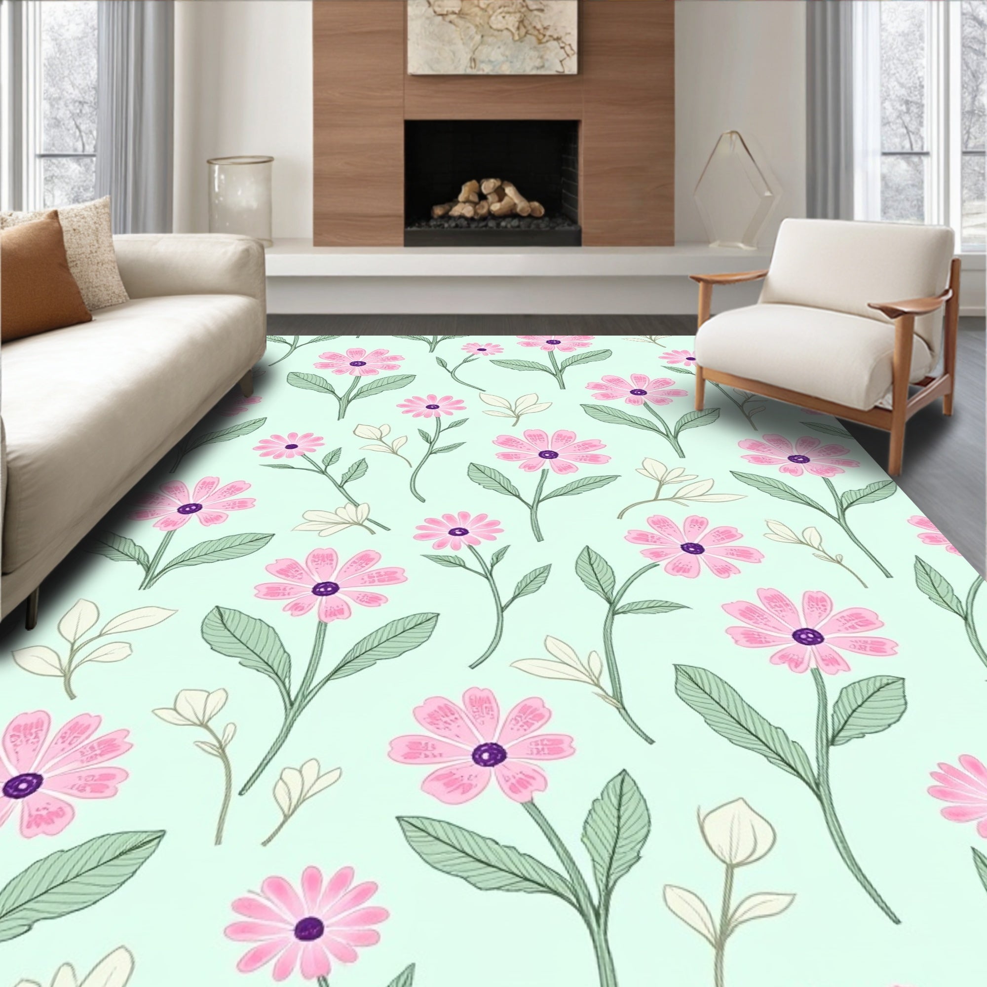 Pastel Pink Daisy Floral Pattern Rug