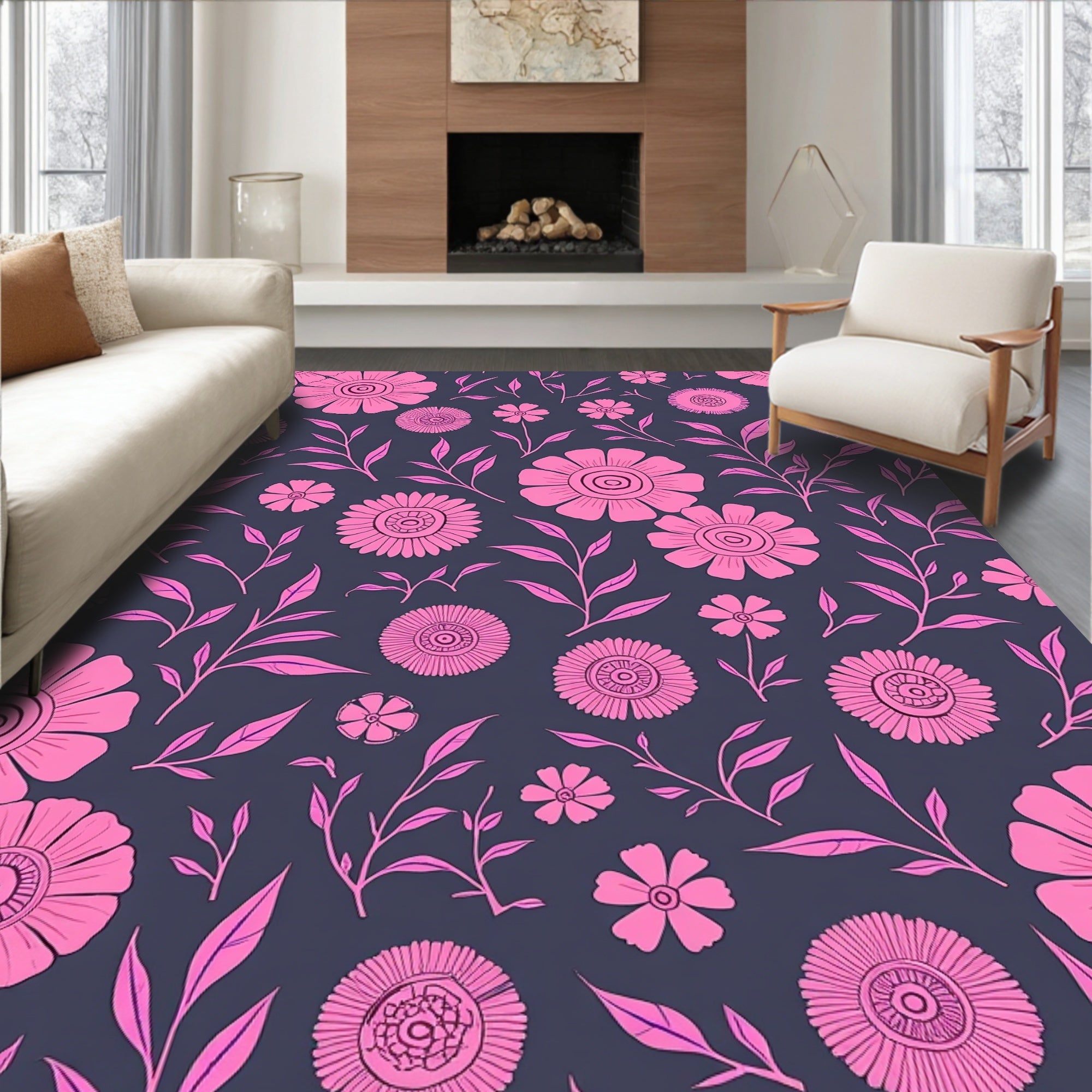Pink Floral Botanical Nature Design Rug