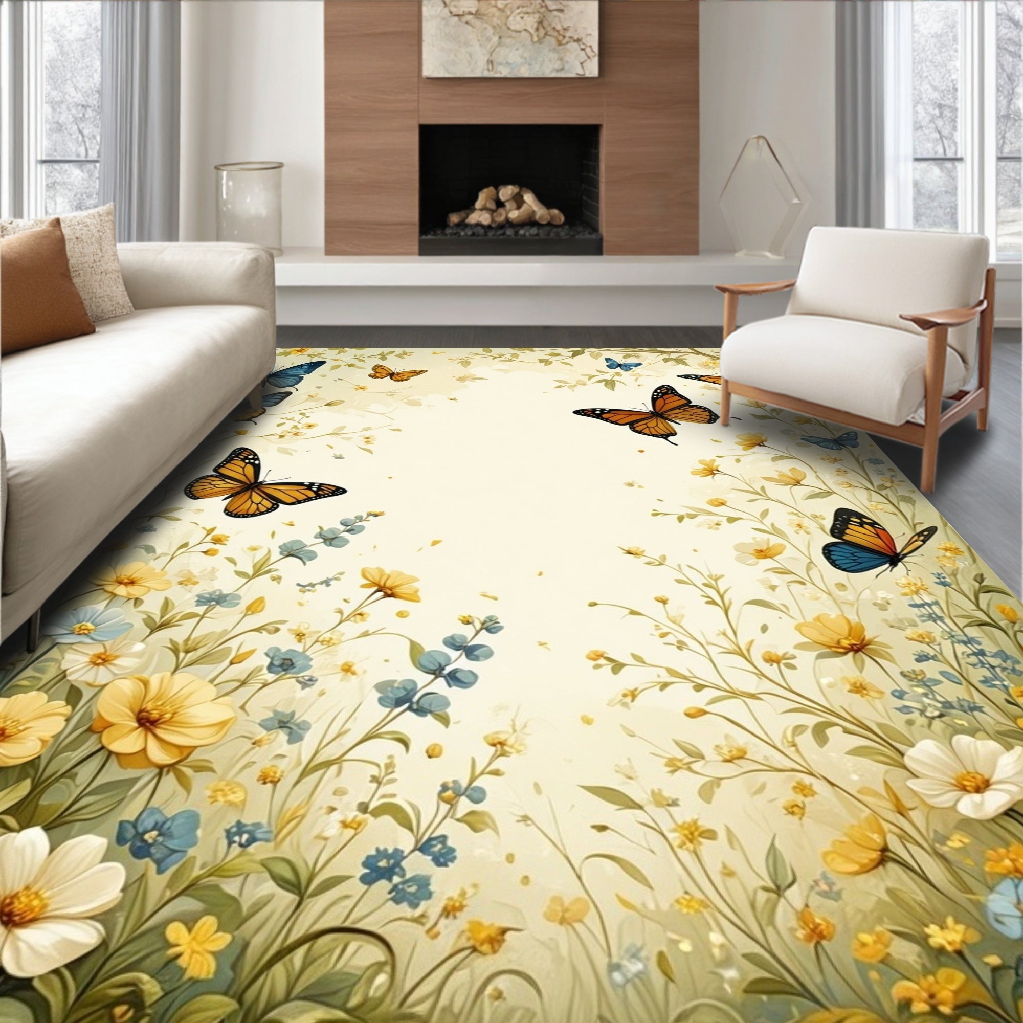 Whimsical Butterfly Floral Garden Pattern Rug
