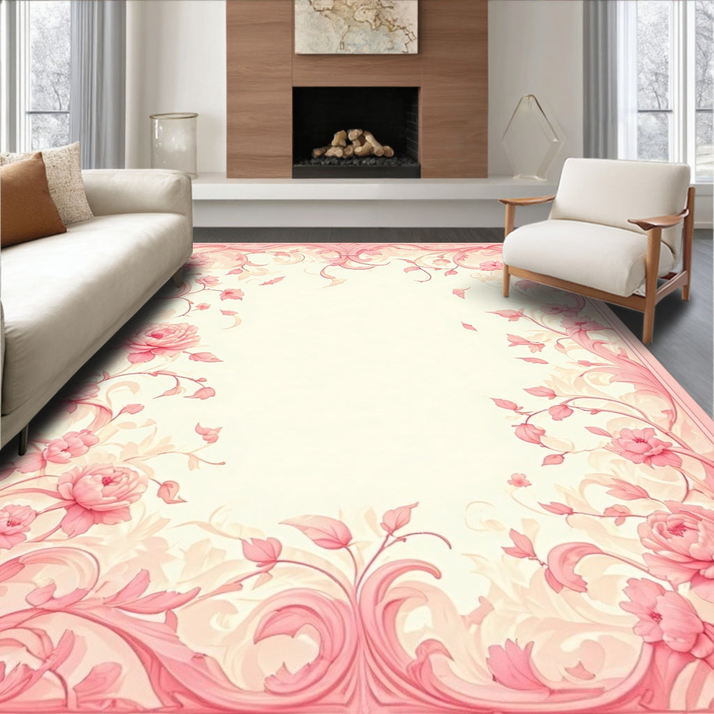 Ornate Pink Floral Vines Border Rug