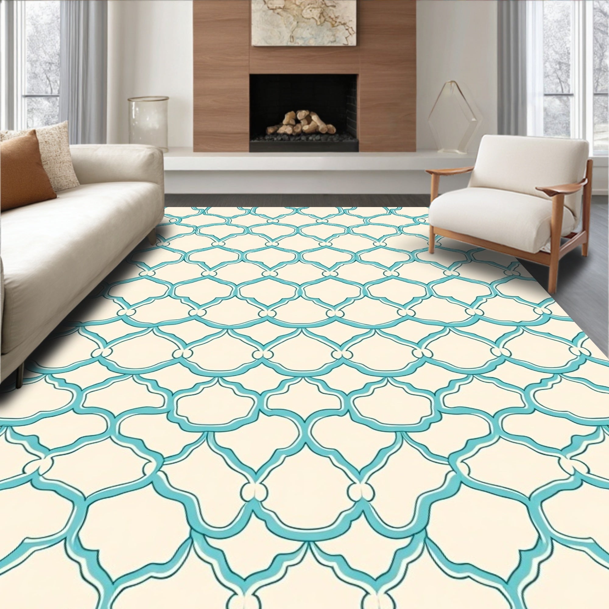 Aqua Arabesque Geometric Pattern Rug
