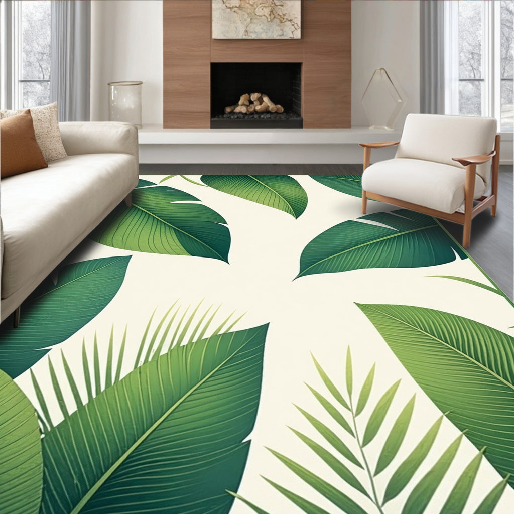 Tropical Leaf Patterned Green Design Rug