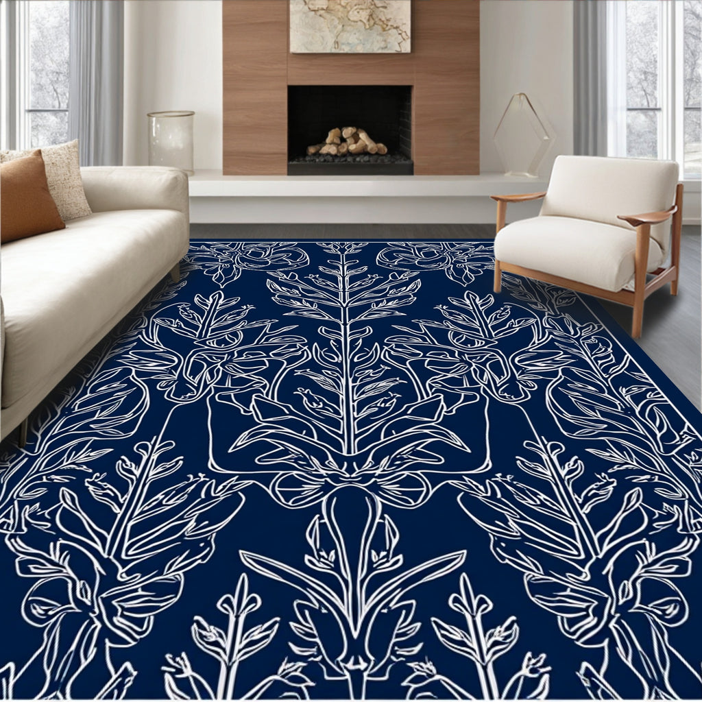 Ornate Blue Floral Scrollwork Design Rug