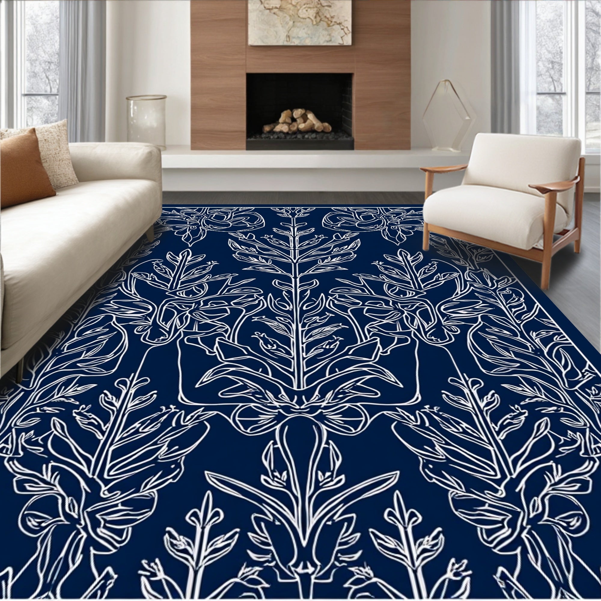Ornate Blue Floral Scrollwork Design Rug