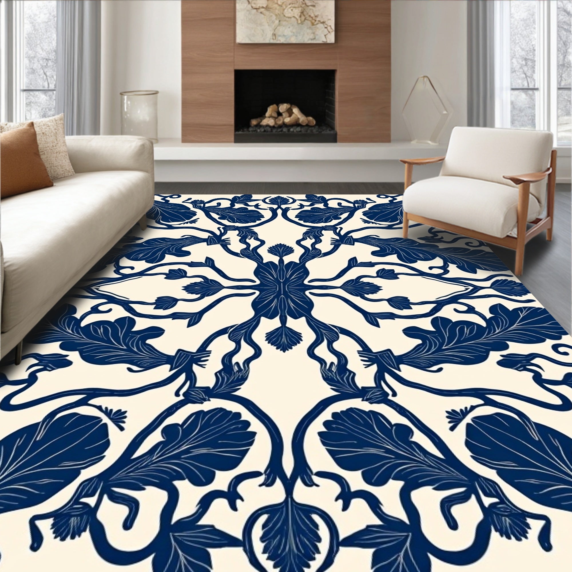 Symmetrical Navy Leaf Vine Pattern Rug