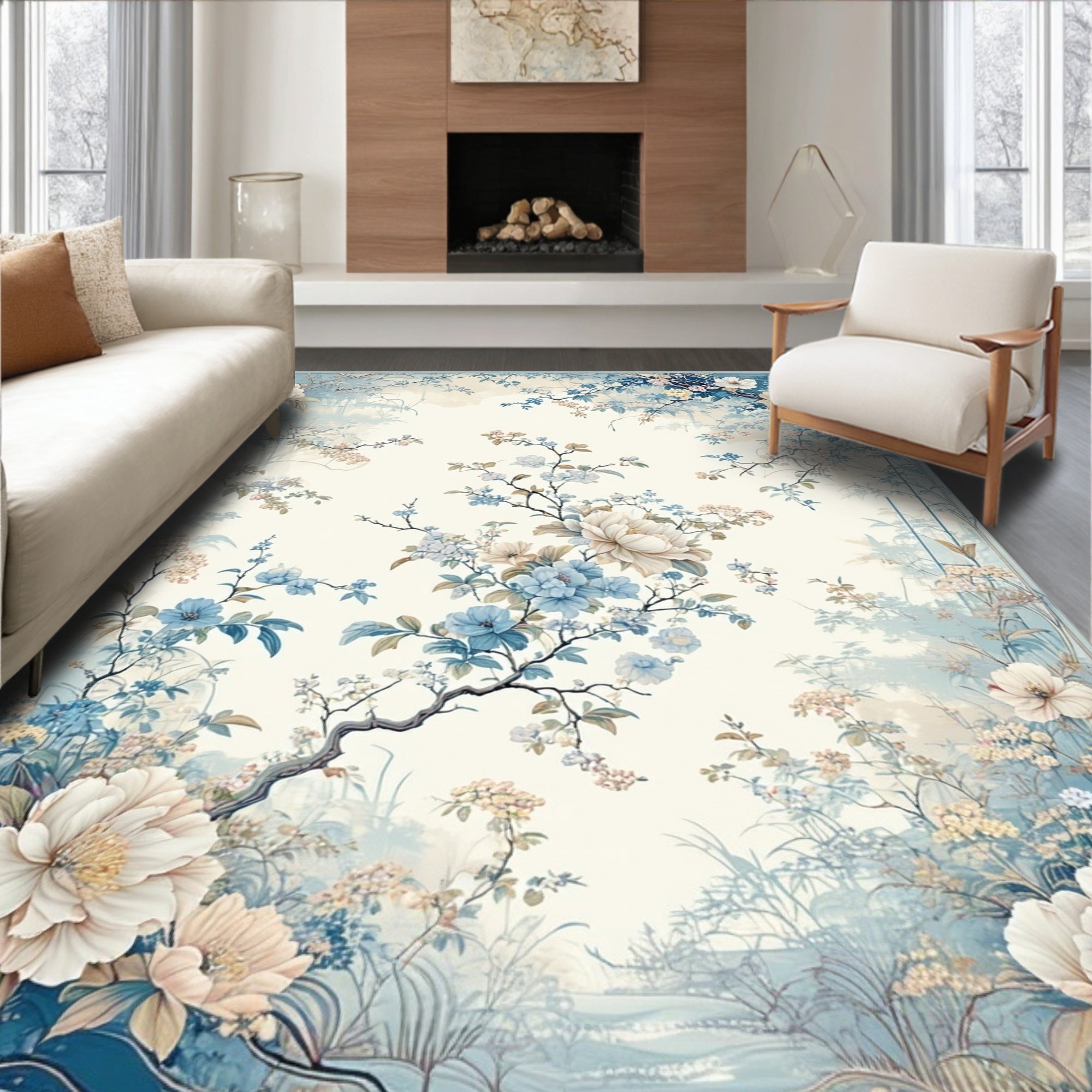 Soft Blue Floral Garden Pattern Rug