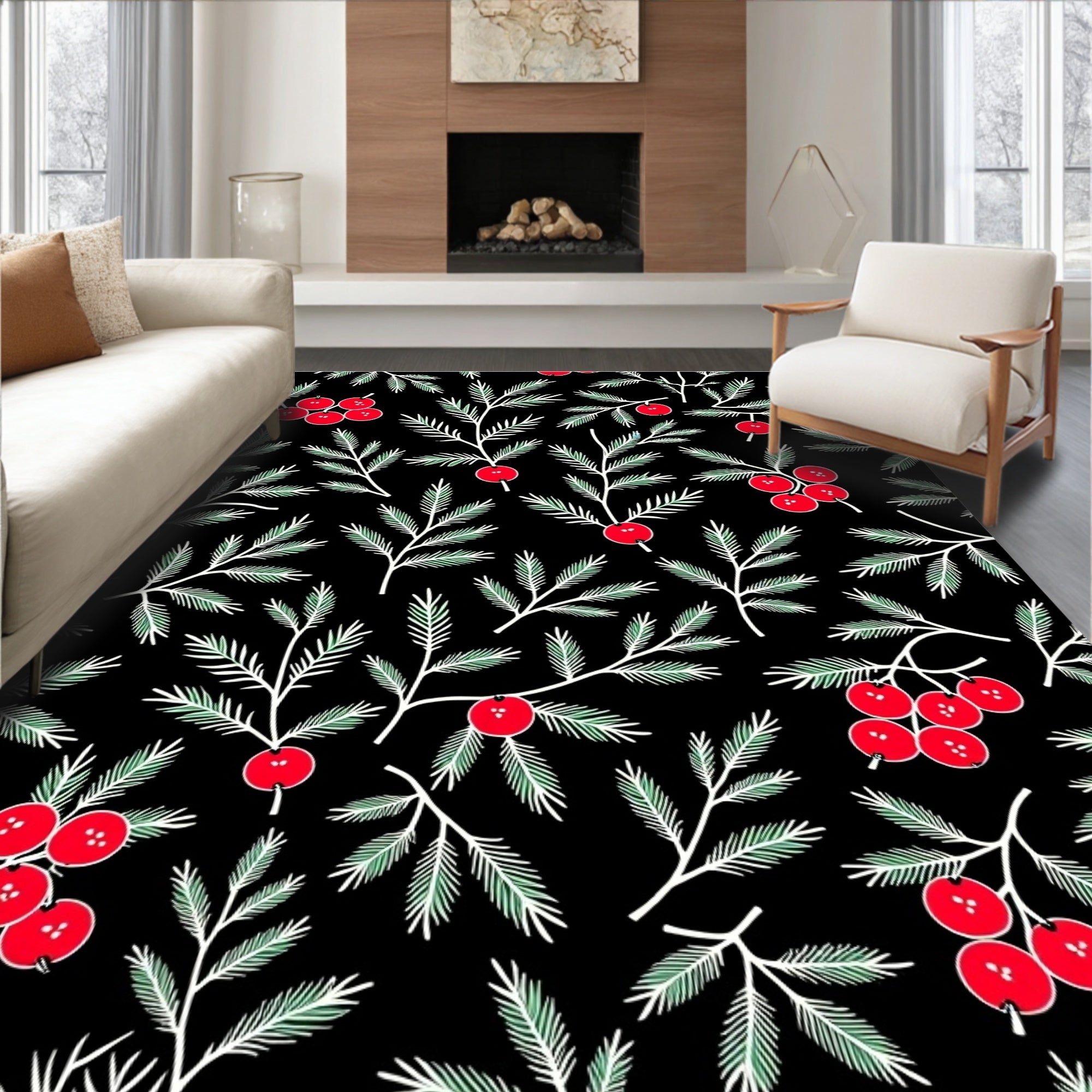 Black Vintage Red Berry Pine Sprigs Rug