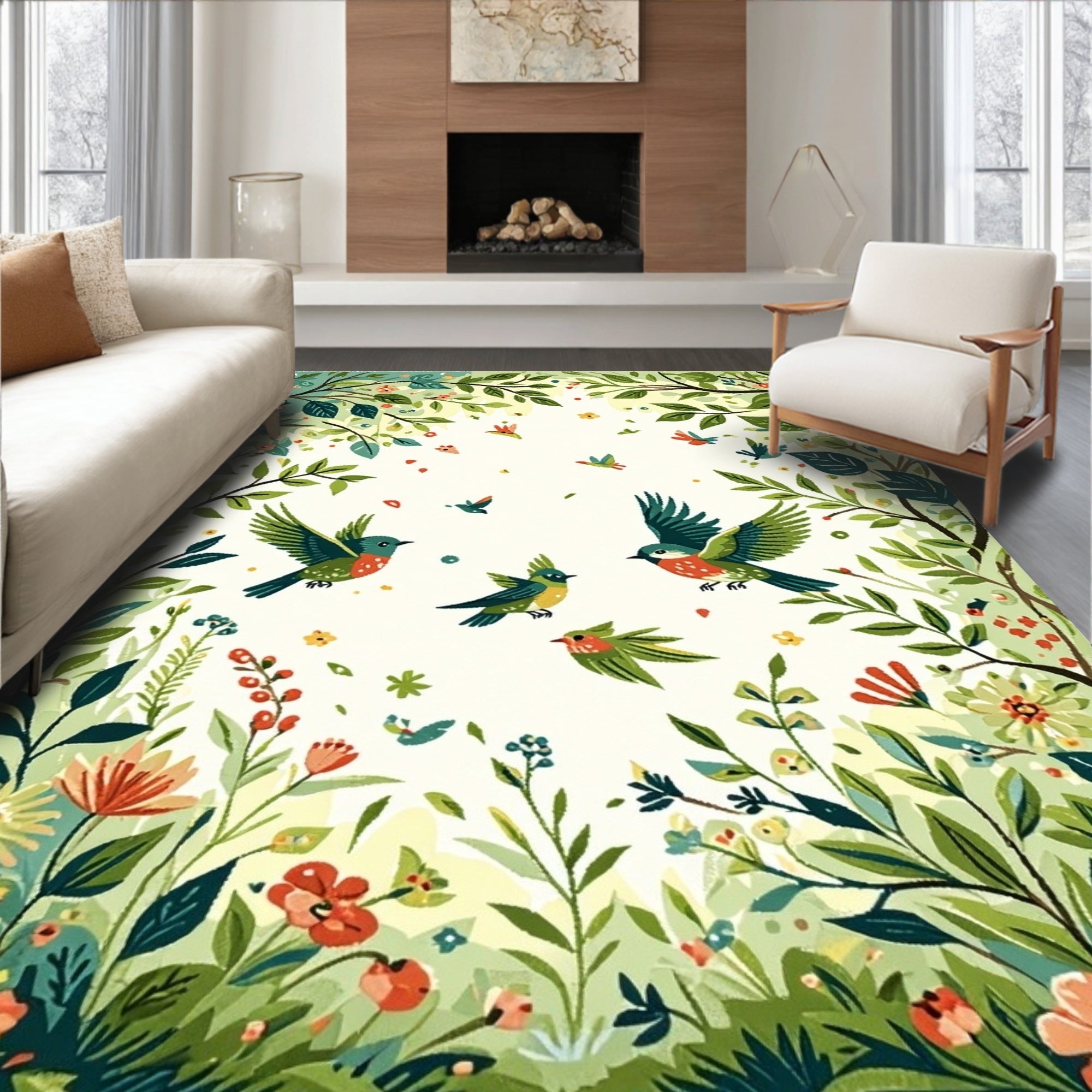 Whimsical Birds Blooming Garden Rug