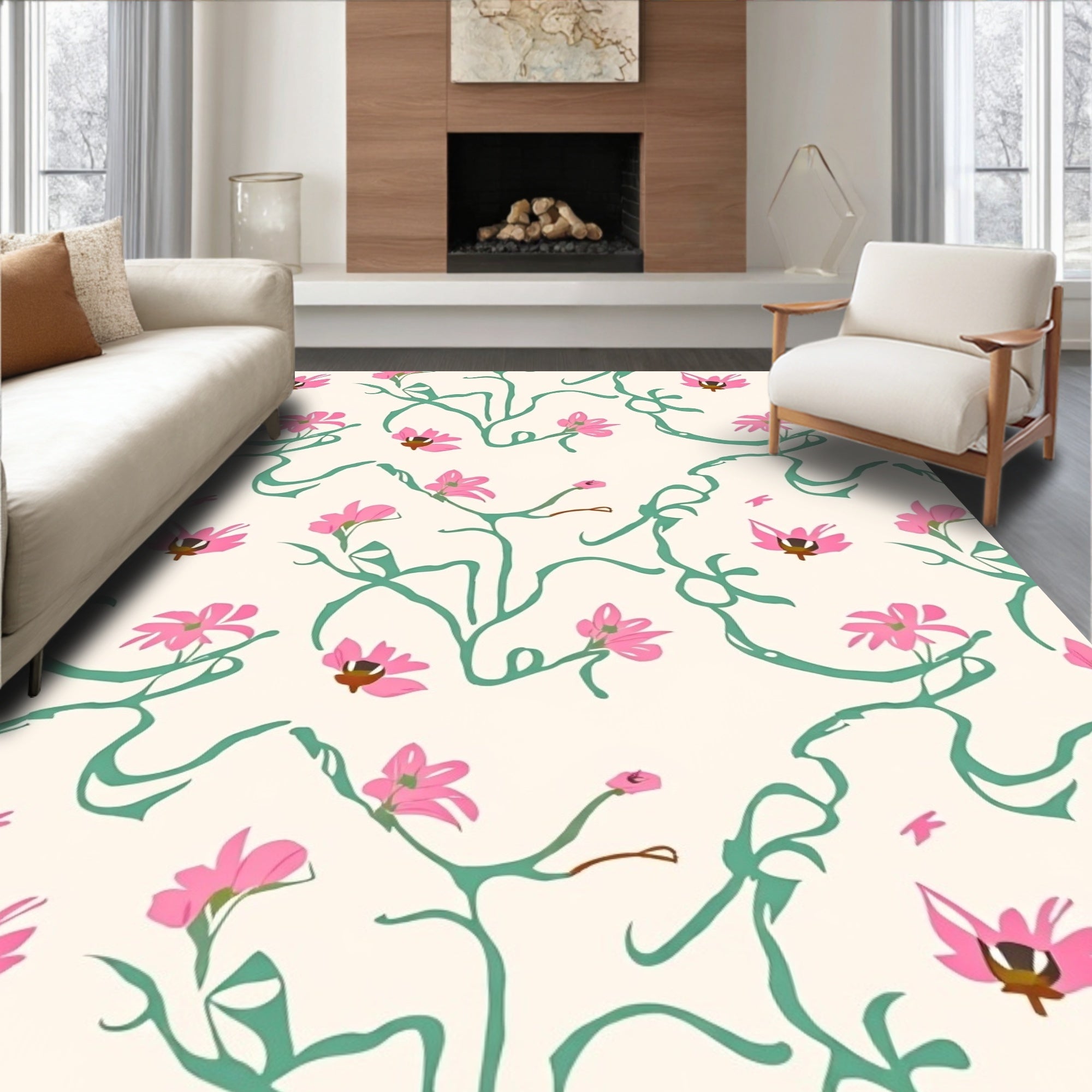 Delicate Pink Floral Vine Pattern Rug