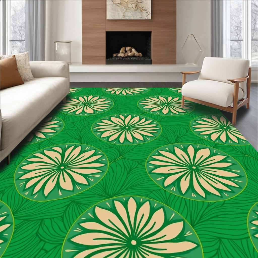 Green Floral Circles Pattern Rug