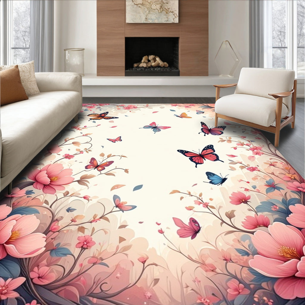 Whimsical Floral Butterflies Pattern Rug