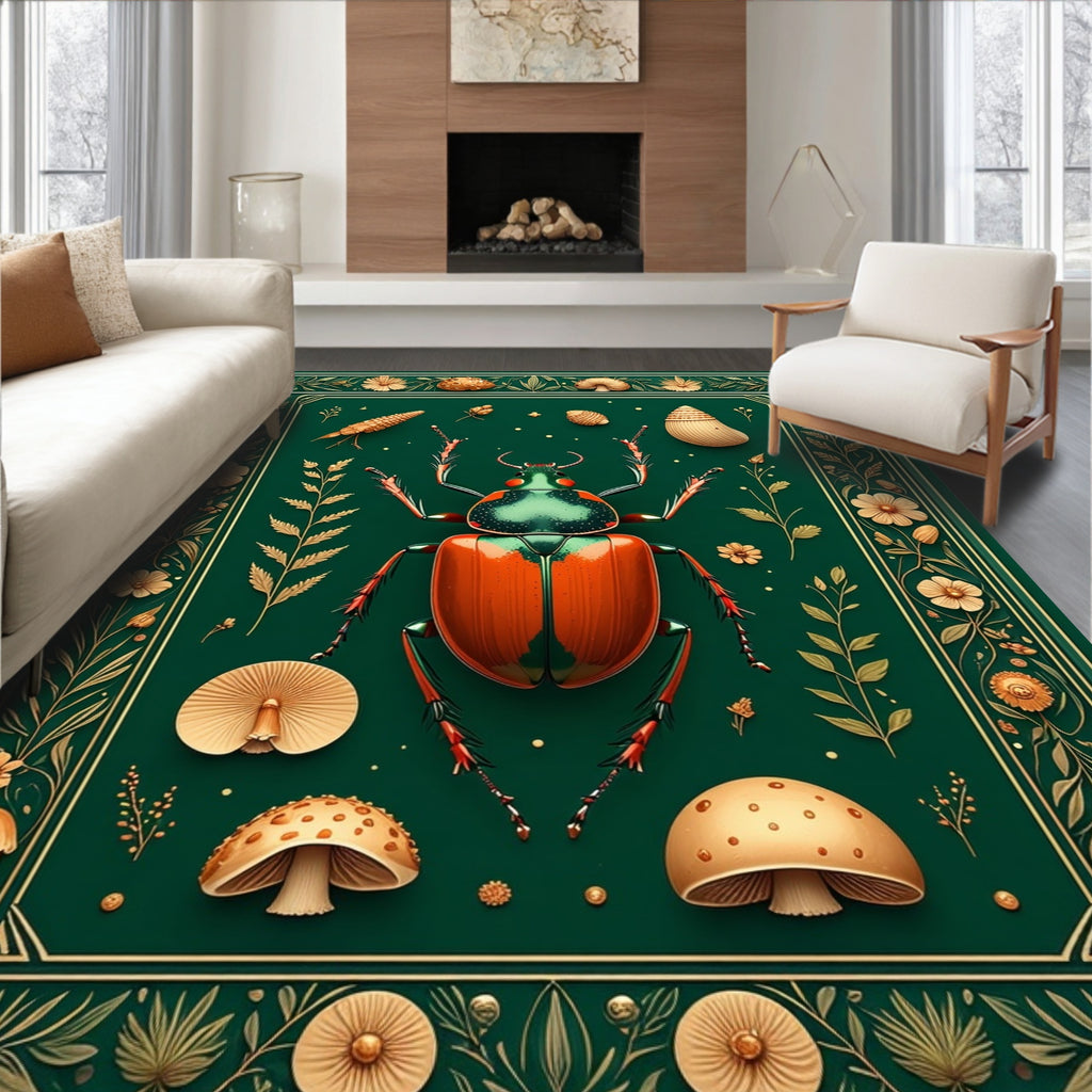 Green Whimsical Beetle Mushroom Delight Rug