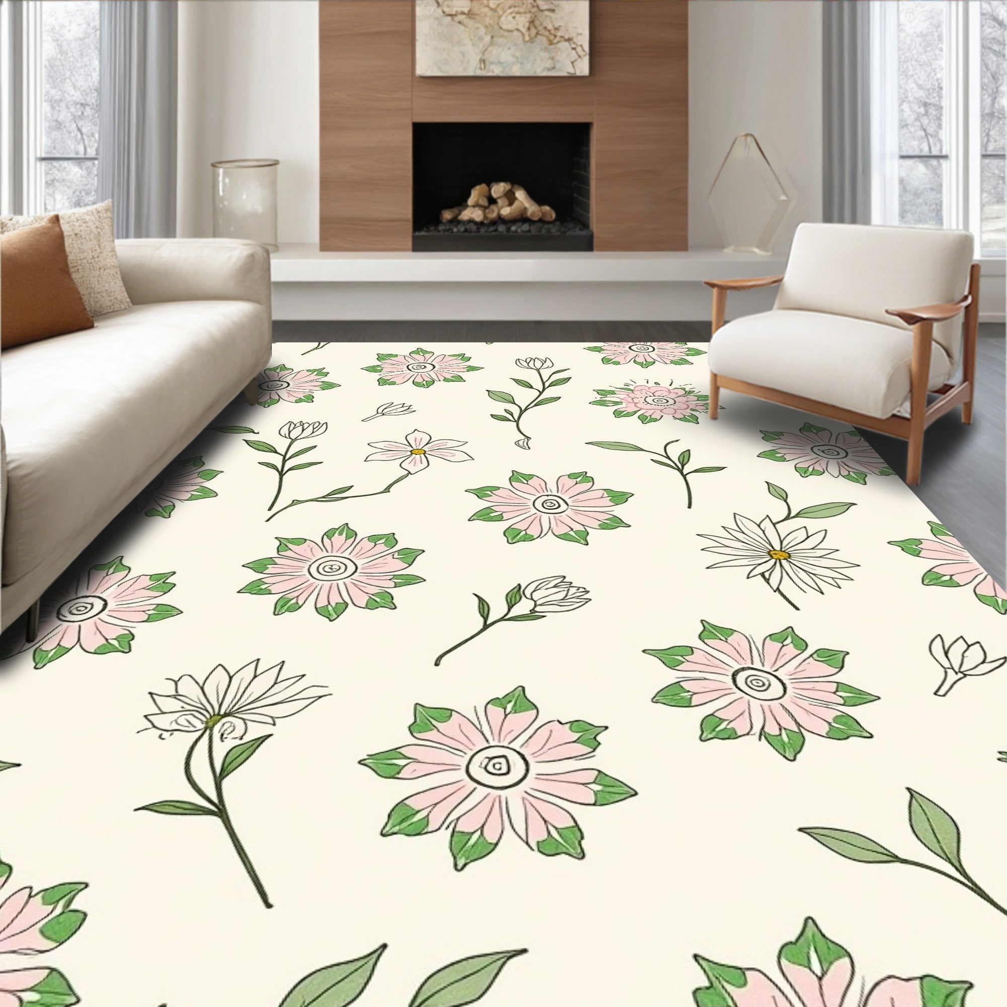Pink Green Floral Pattern Rug
