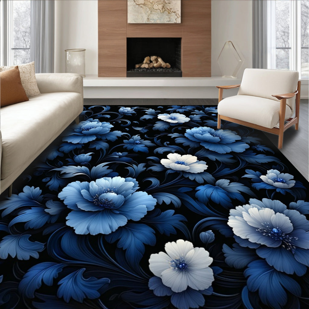 Vibrant Blue Floral Pattern Rug