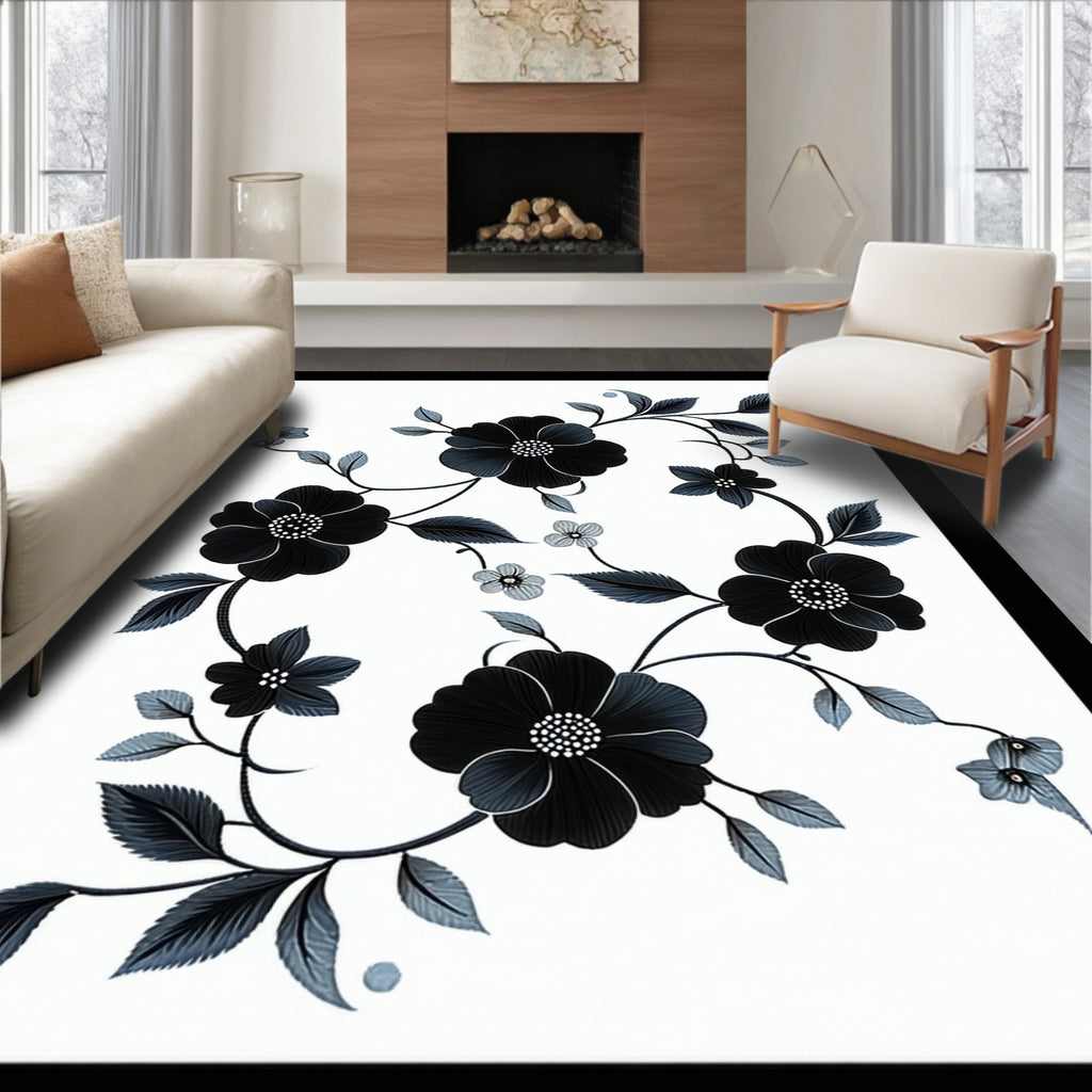 Elegant Black Floral Vine Pattern Rug