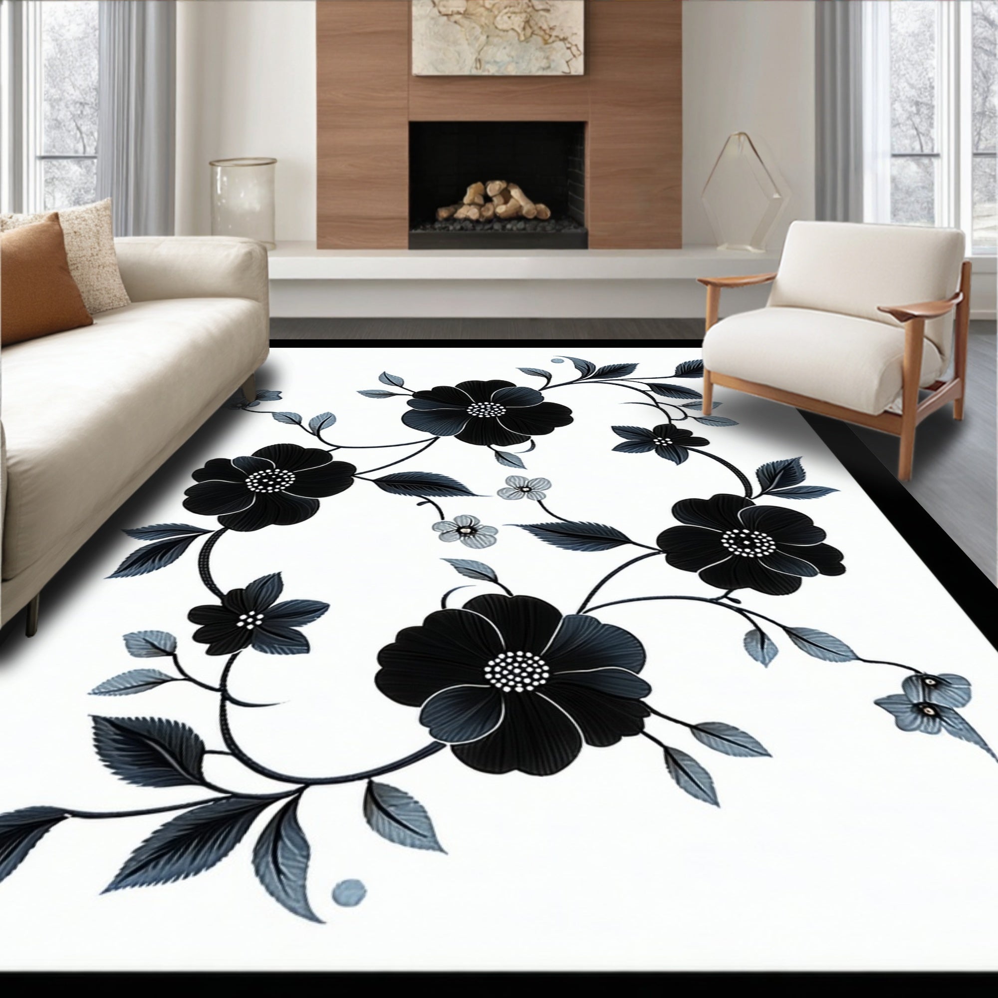 Elegant Black Floral Vine Pattern Rug