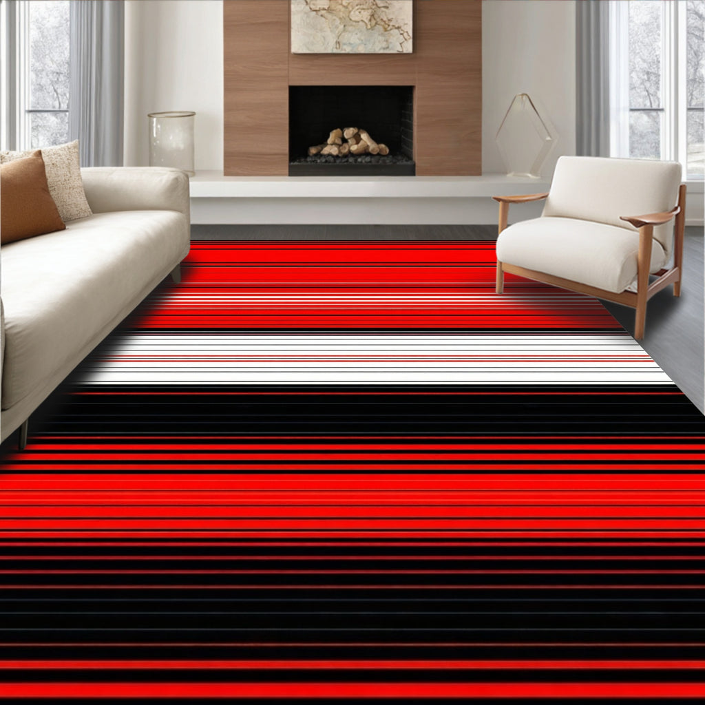 Abstract Red Black White Striped Style Rug