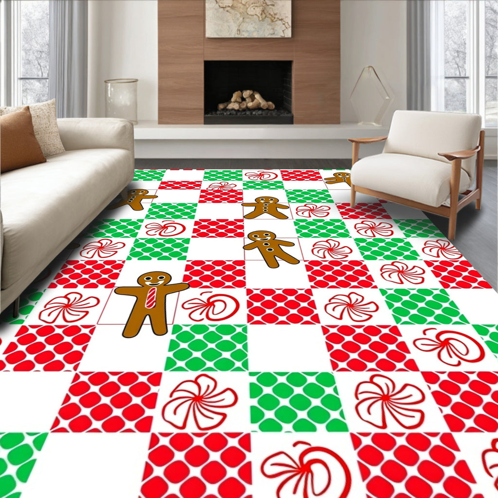 Festive Gingerbread Man Checkered Holly Rug