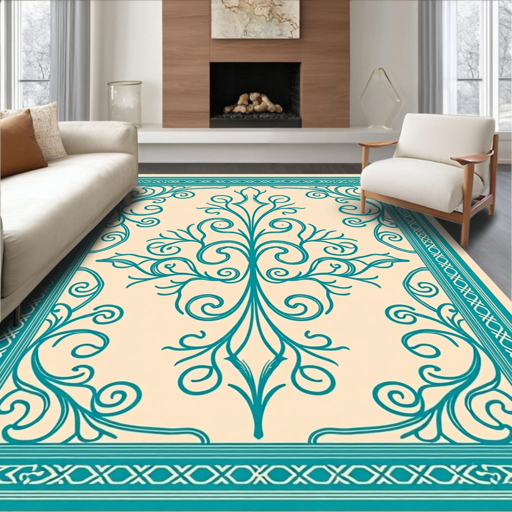 Teal Flourish Medallion Cream Rug