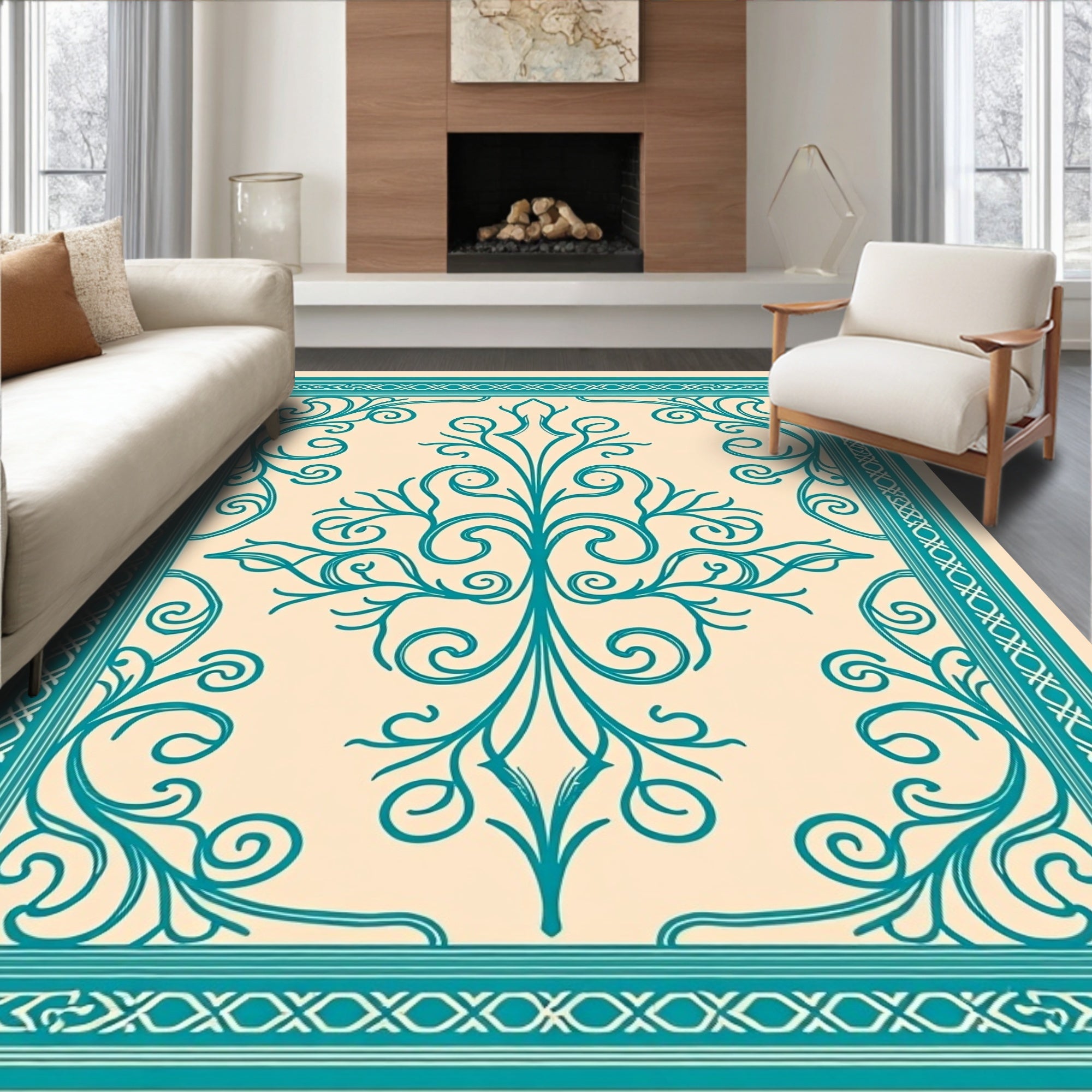 Teal Flourish Medallion Cream Rug