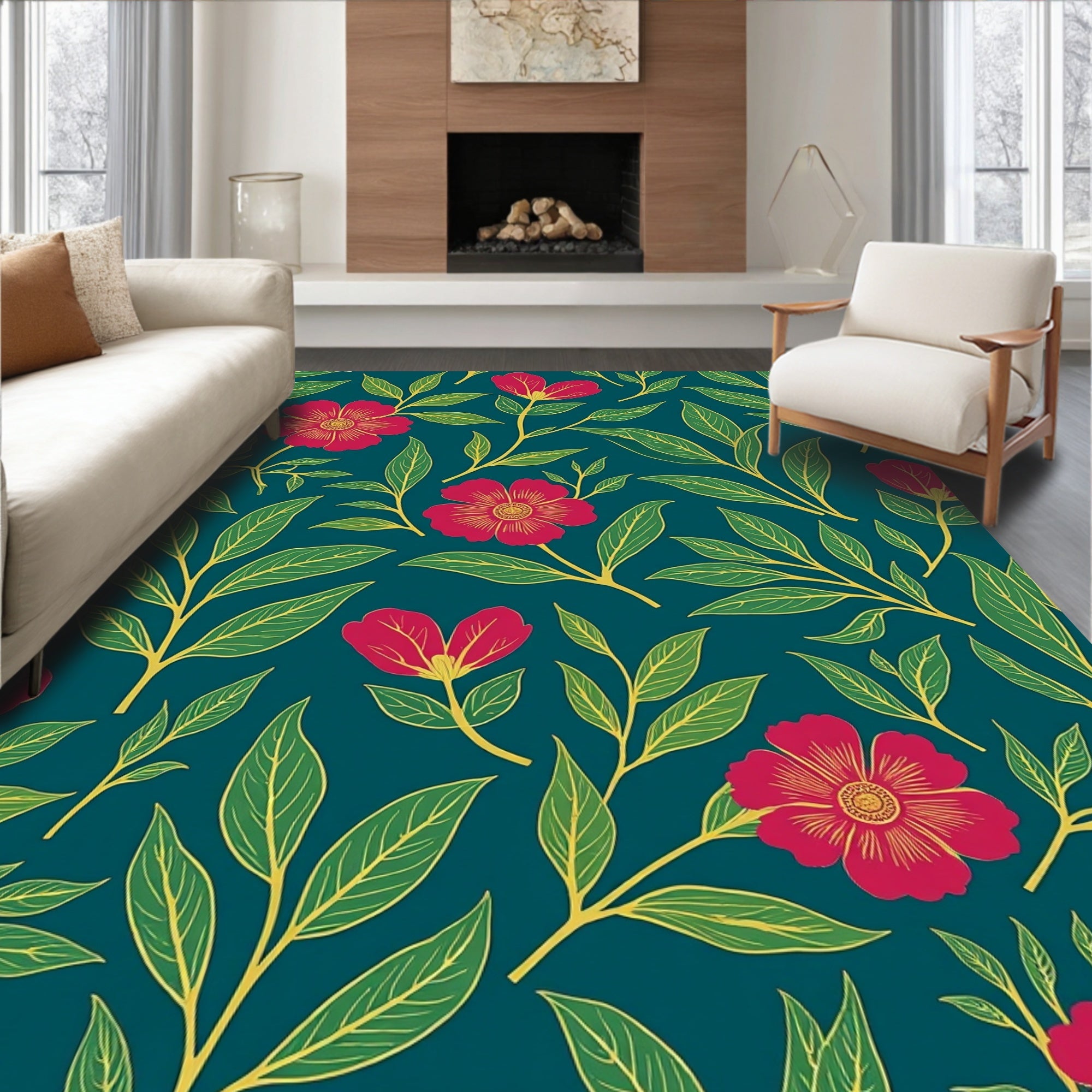 Rich Red Floral Leaf Pattern Rug