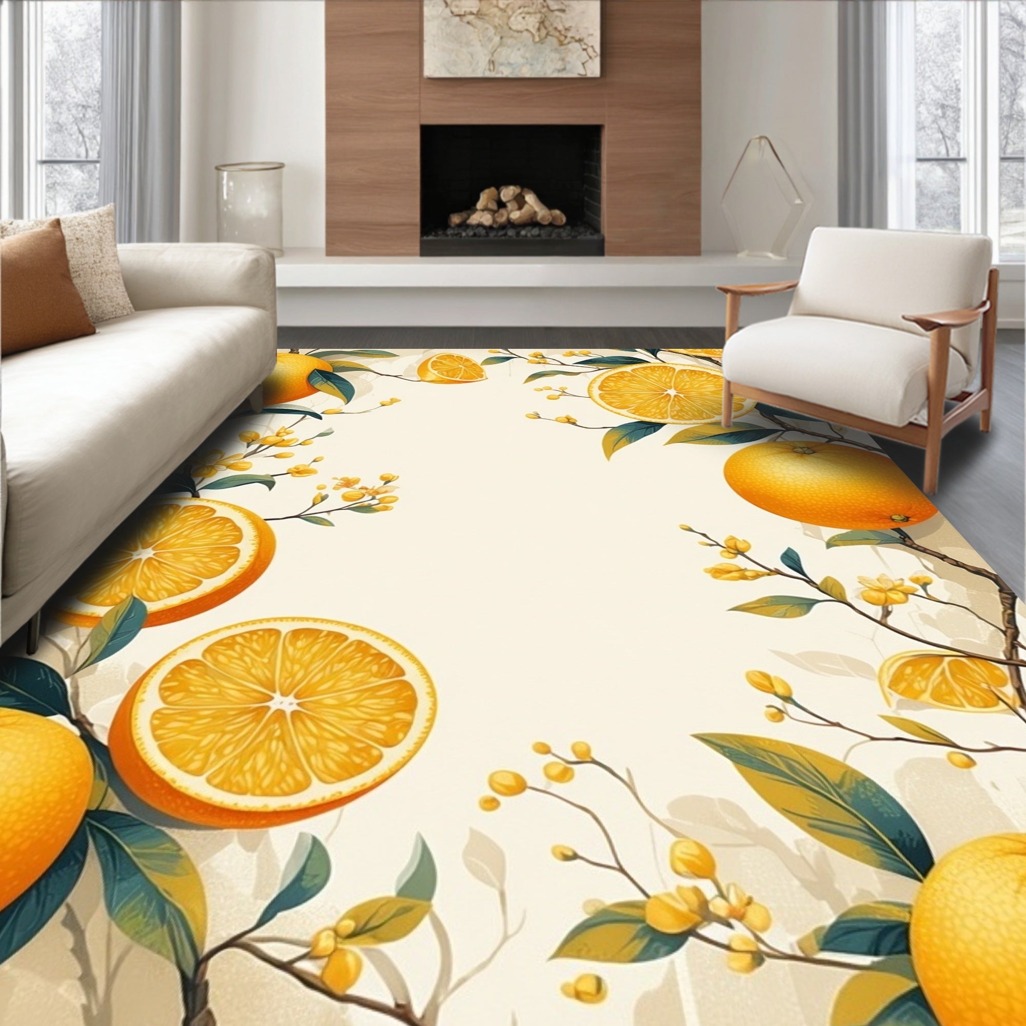 Orange Citrus Tree Branch Pattern Rug