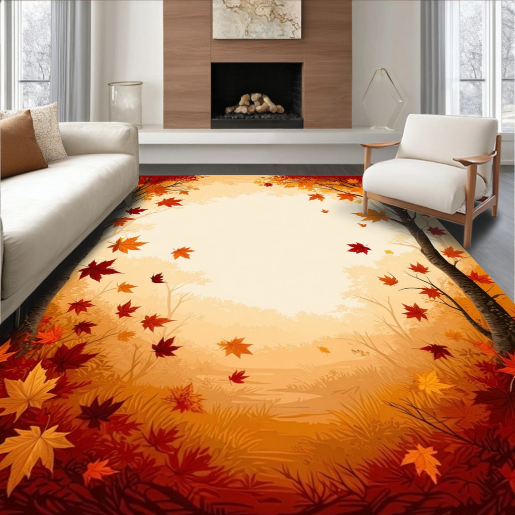 Autumn Maple Leaf Patterned Woodland Rug