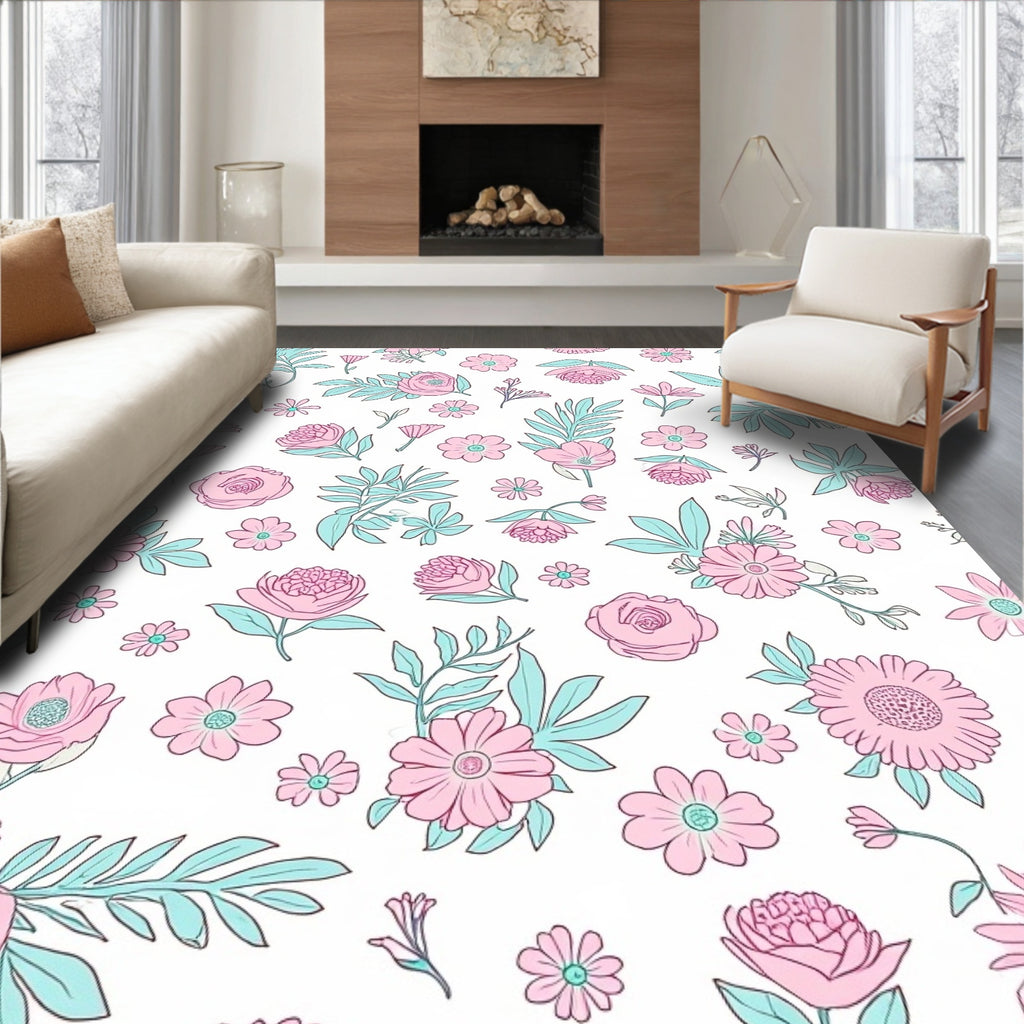 Delicate Pink Floral Botanical Pattern Rug