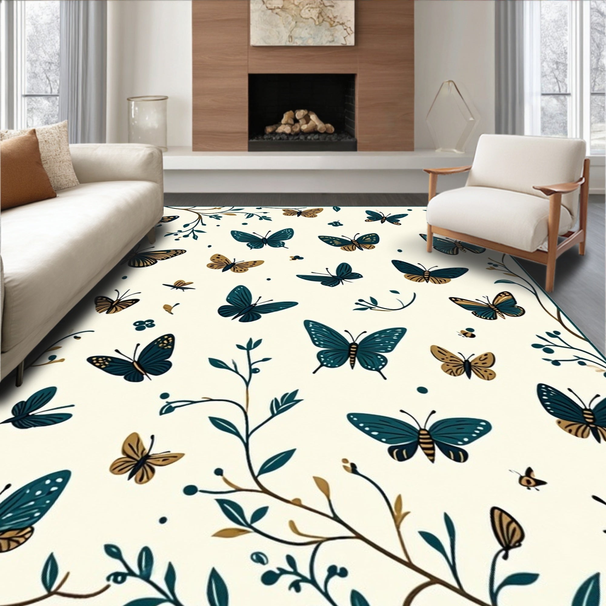 Whimsical Butterflies Floral Branch Design Rug