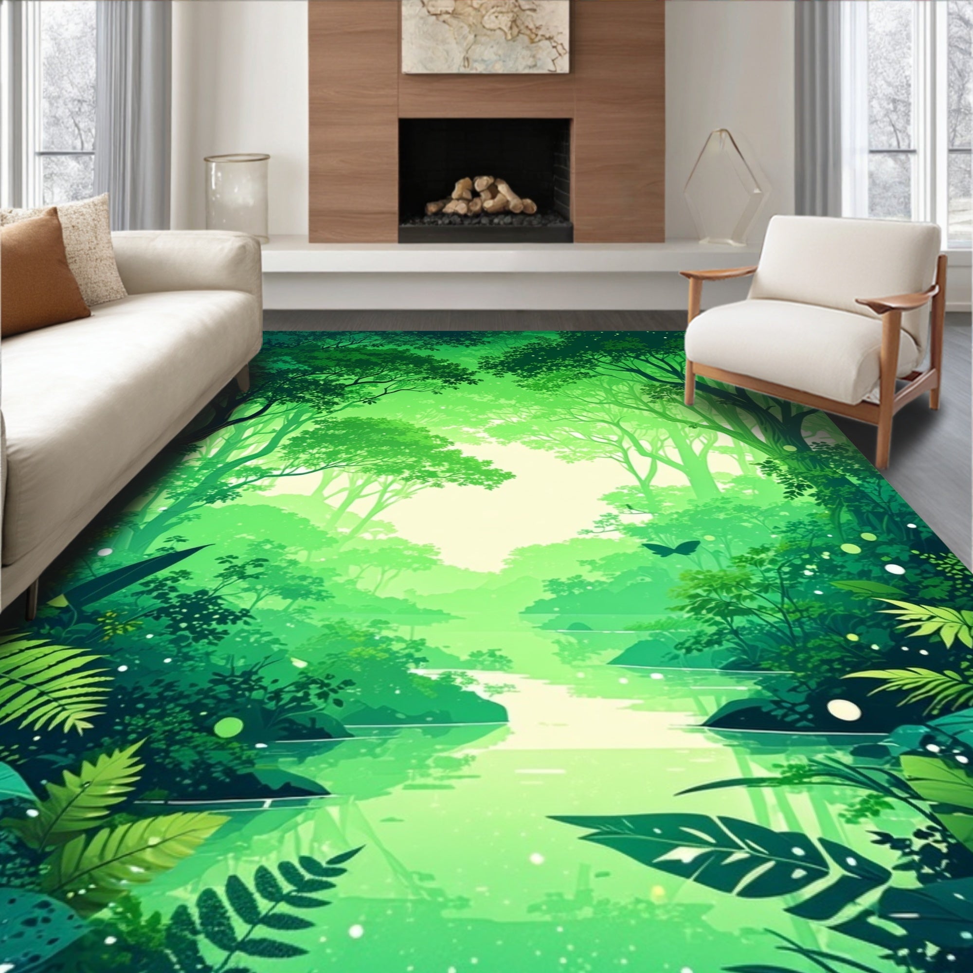 Lush Forest River Green Abstract Design Rug