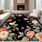 Floral Birds Butterflies Black Pattern Rug