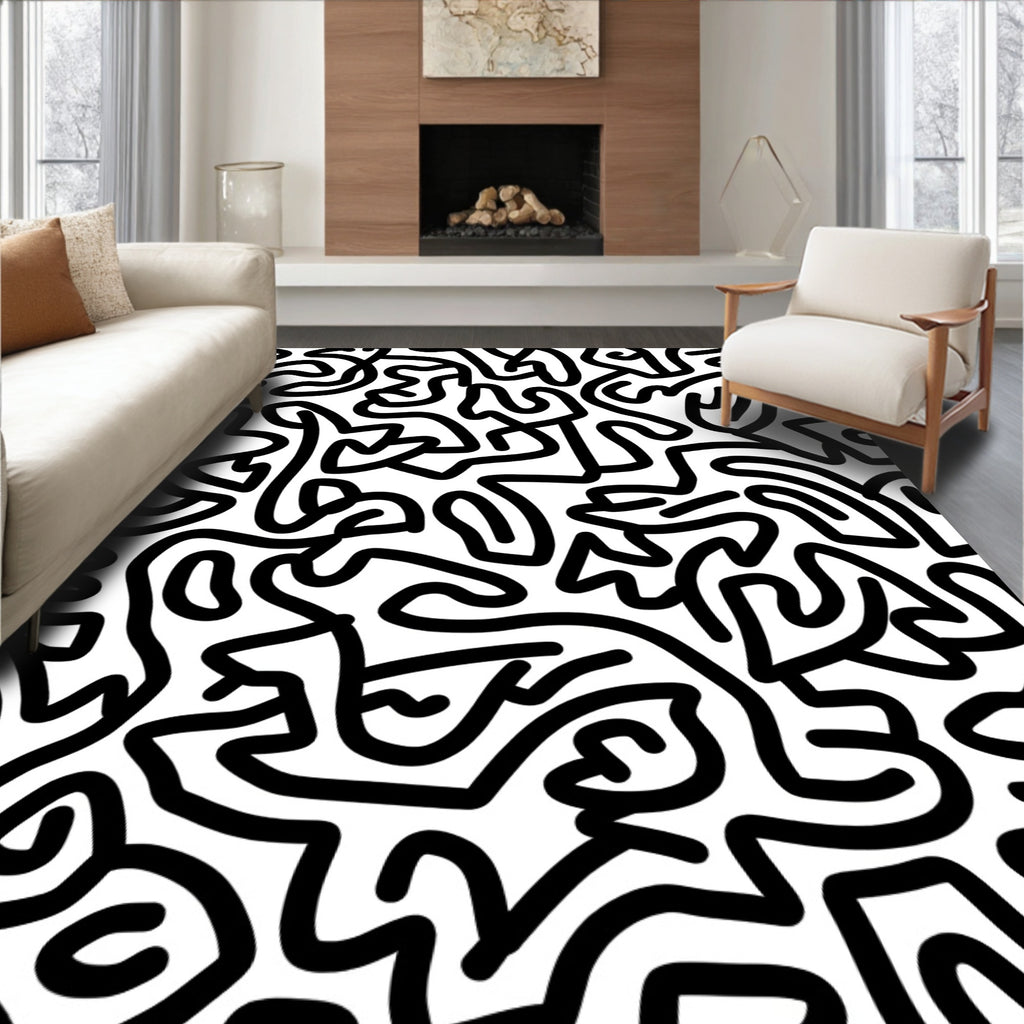Bold Abstract Black Line Art Rug