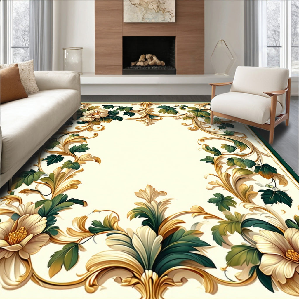 Ornate Floral Leaf Scrollwork Design Rug