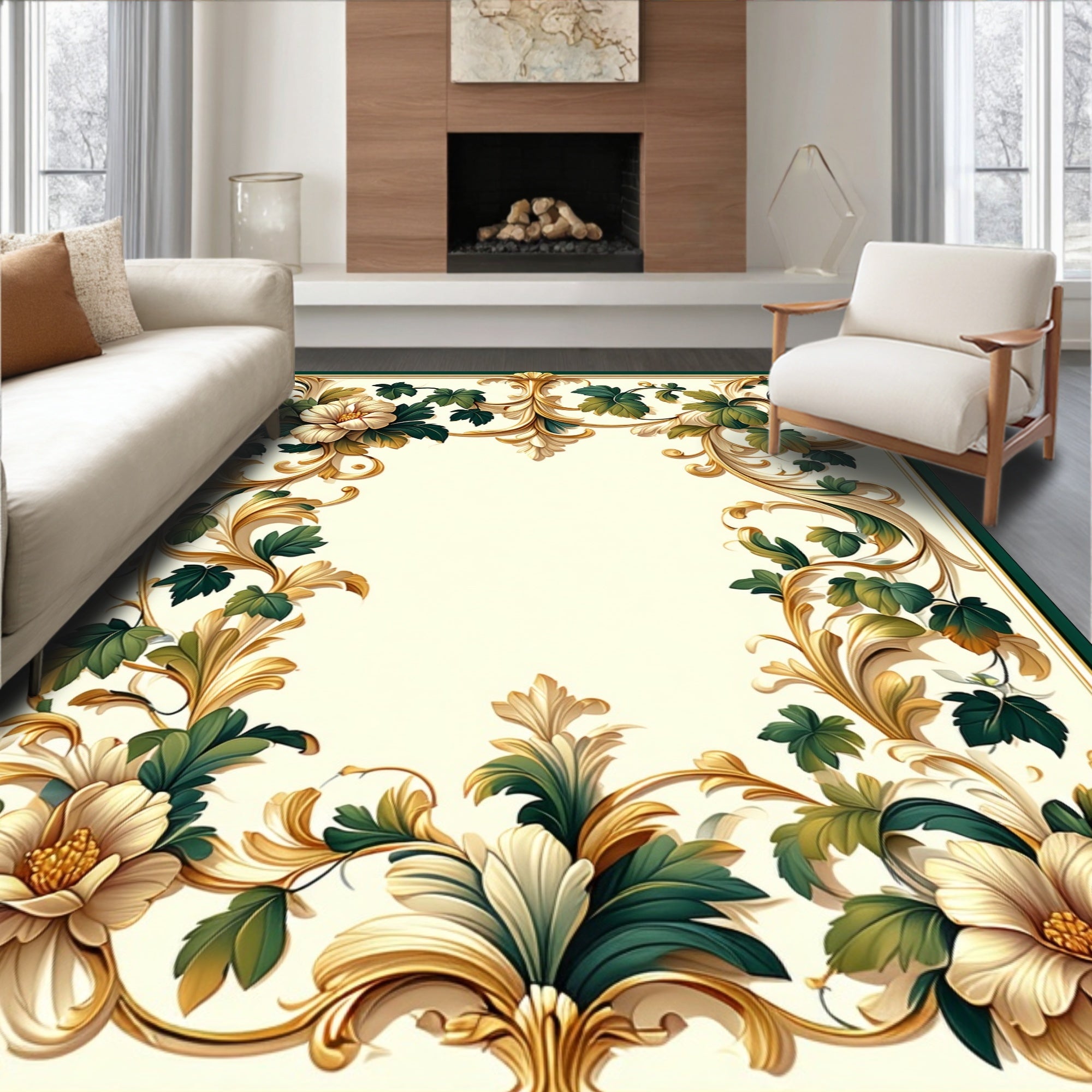 Ornate Floral Leaf Scrollwork Design Rug
