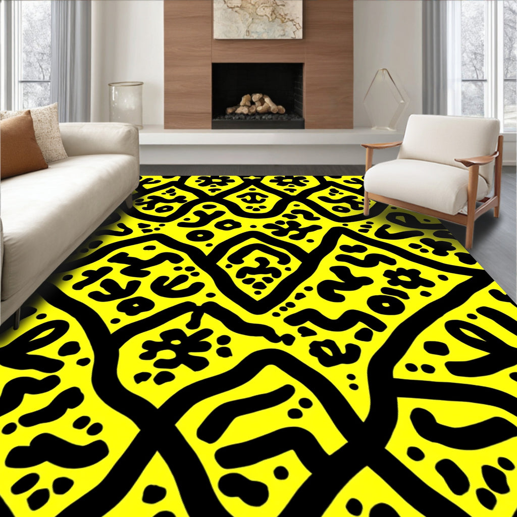 Bold Abstract Black On Yellow Pattern Rug