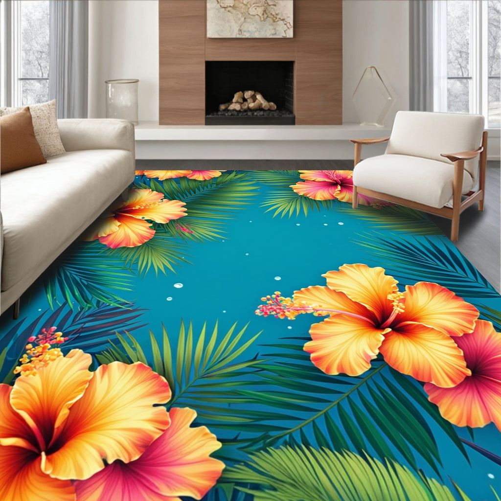 Tropical Hibiscus Floral Pattern Rug
