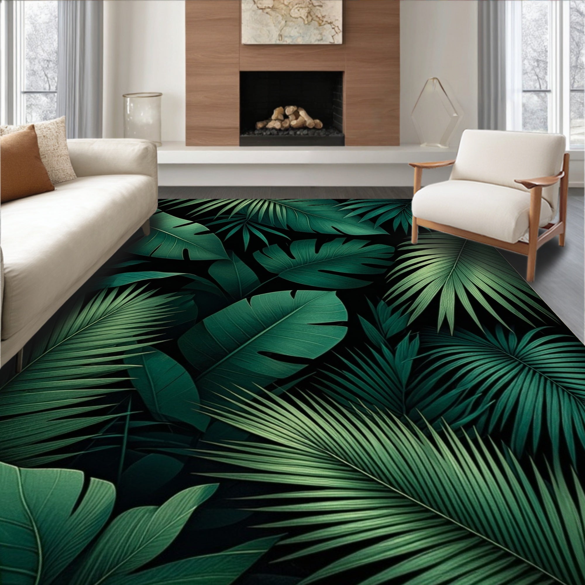 Deep Green Tropical Leaf Pattern Rug