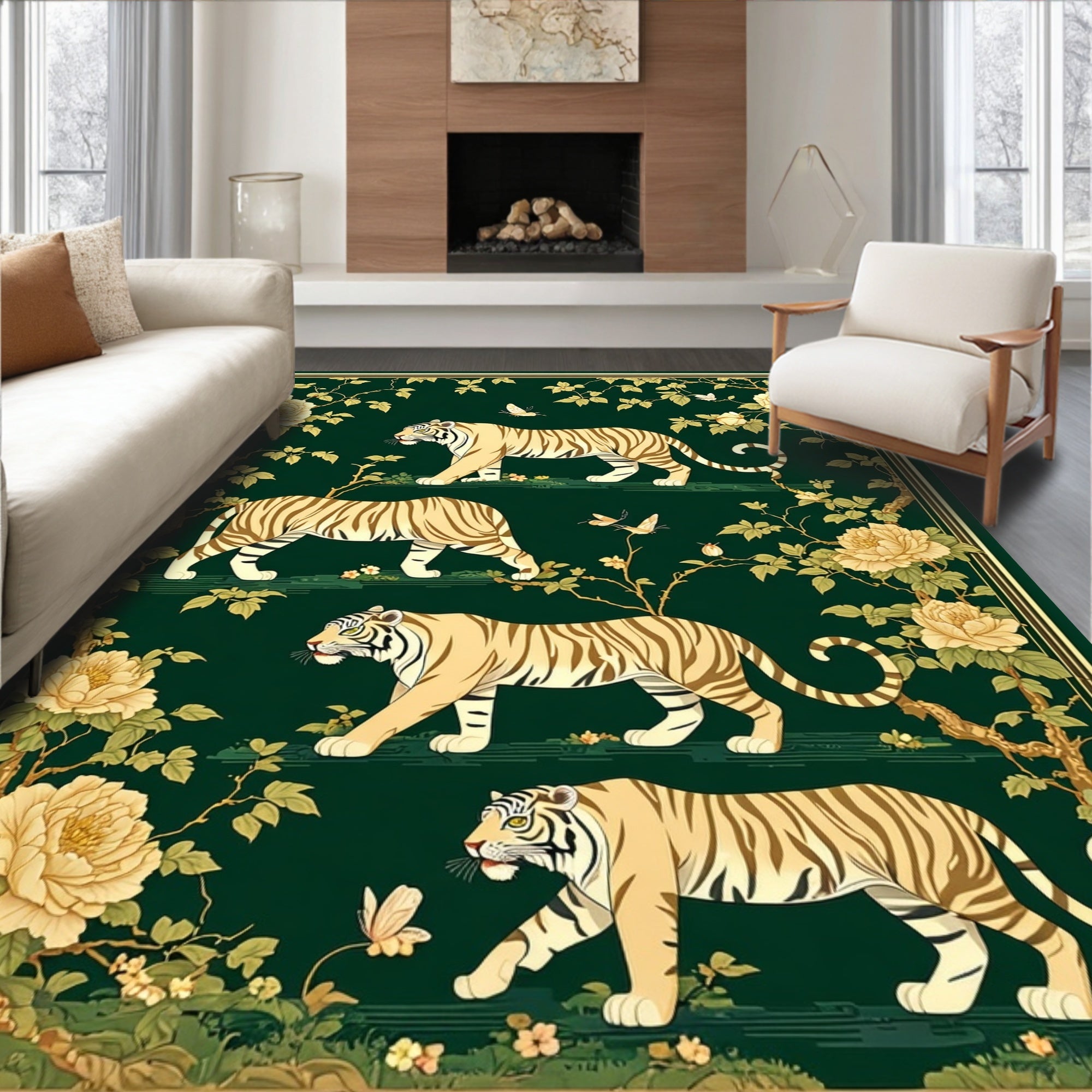 Four Tigers Floral Garden Design Rug