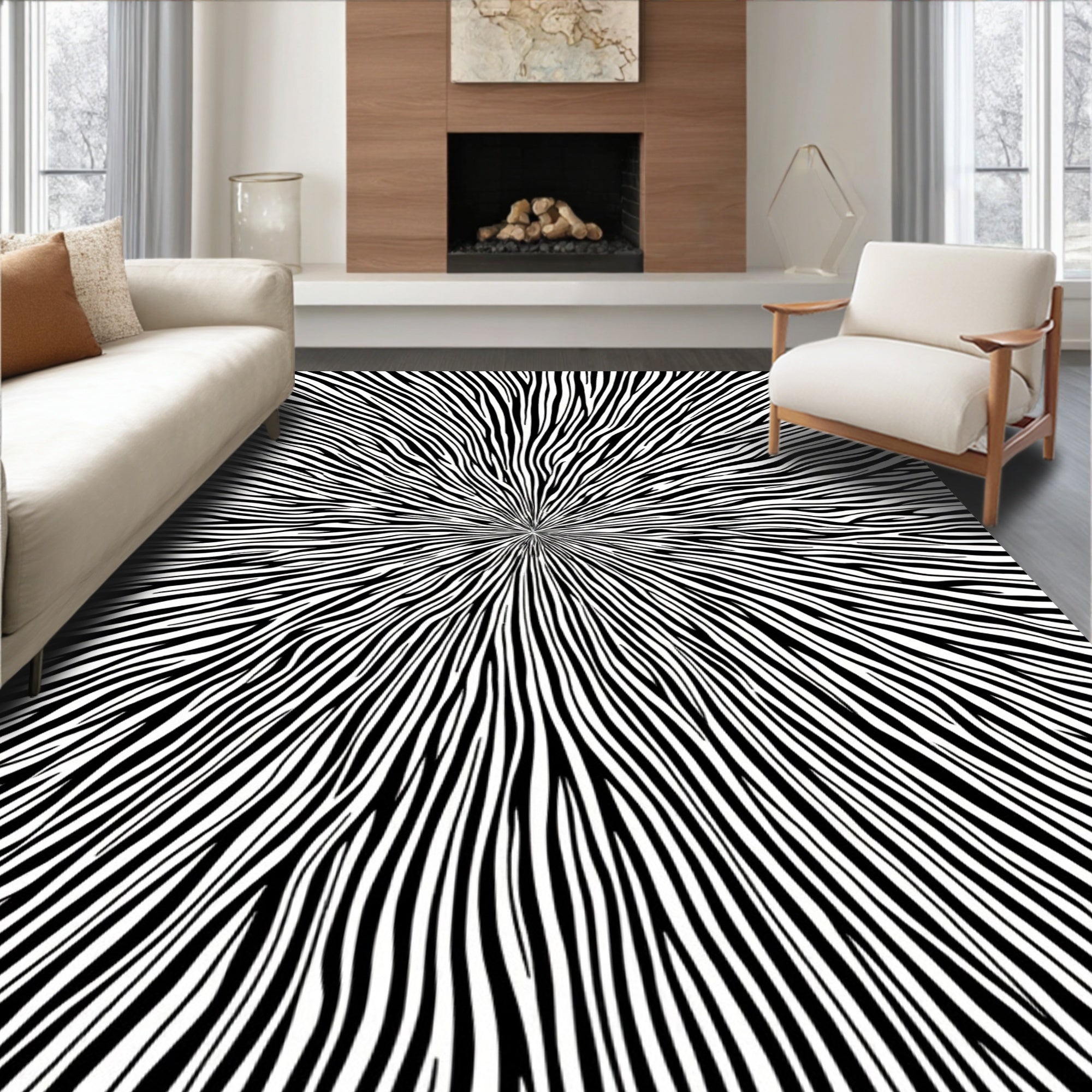 Drawn Black 2 Tone Radial Stripes Rug