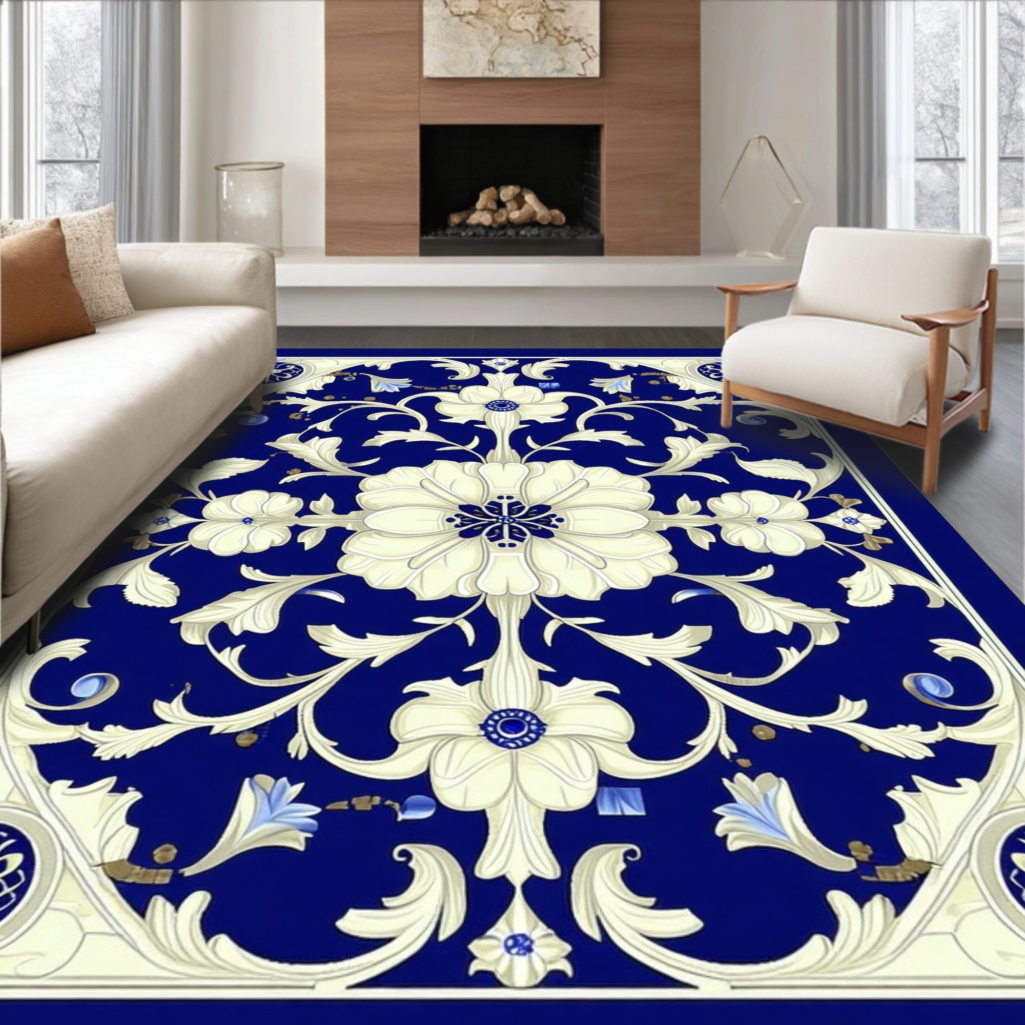 Cream Floral Cream Accents Dark Blue Rug